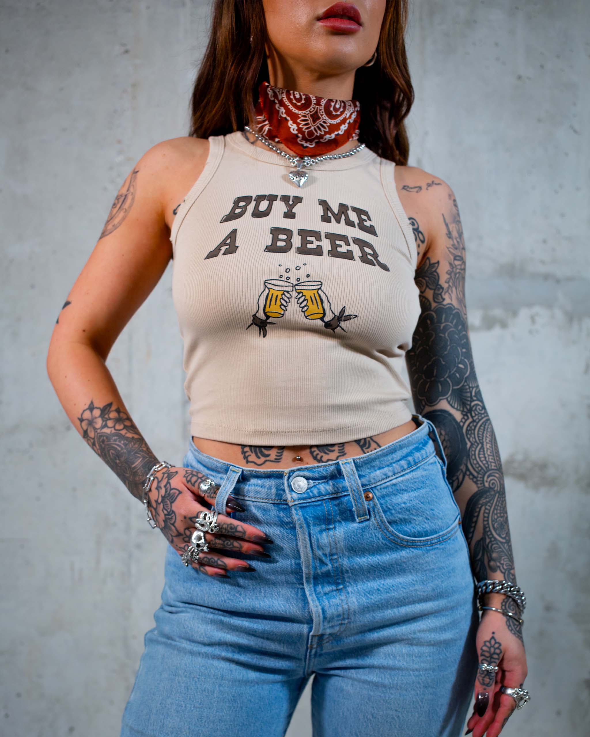 Sleazy Rider tank top featuring 'Buy Me A Beer' slogan print.