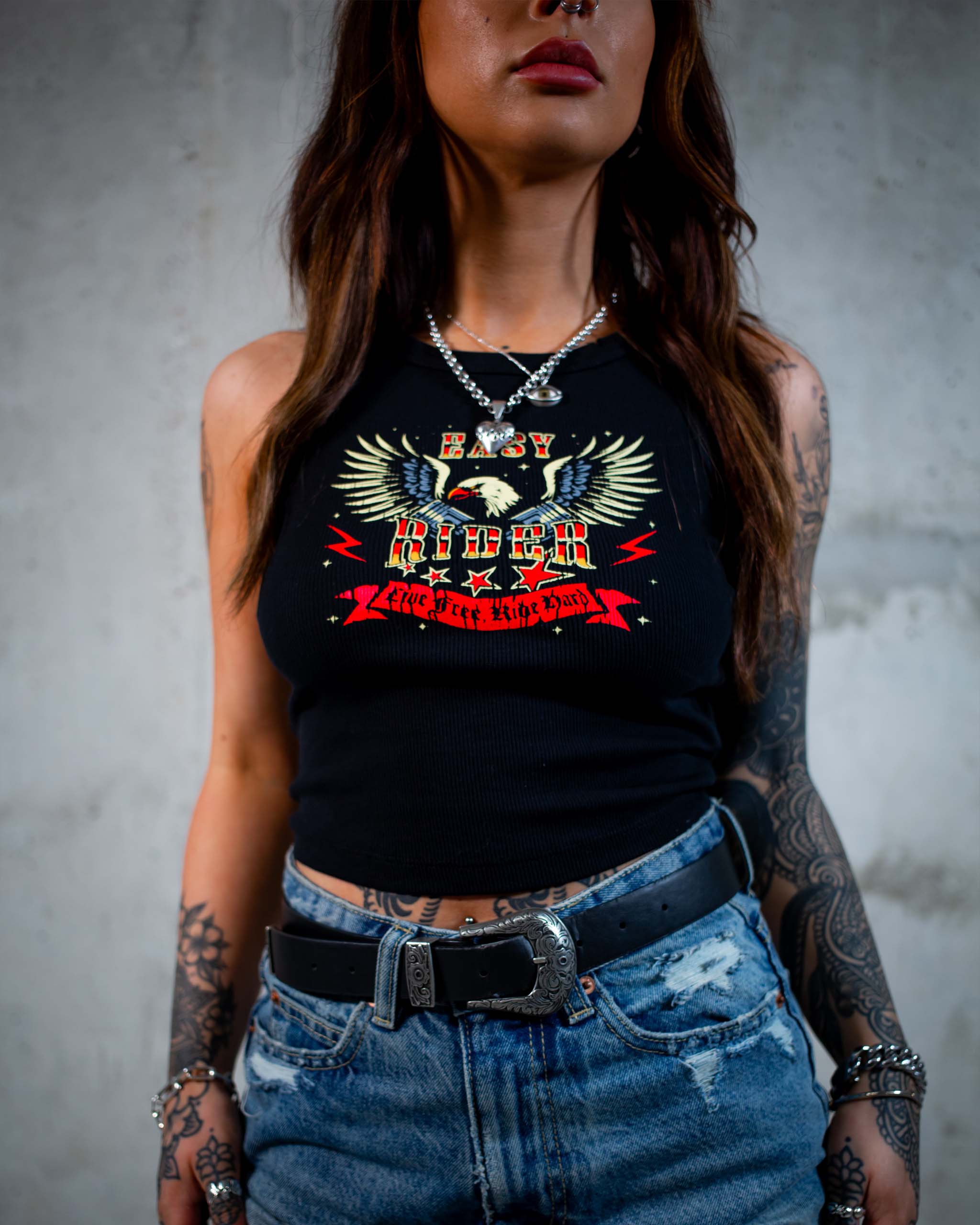 The Easy Rider biker tank top by Sleazy Rider, featuring an eagle and a motorbike engine. 