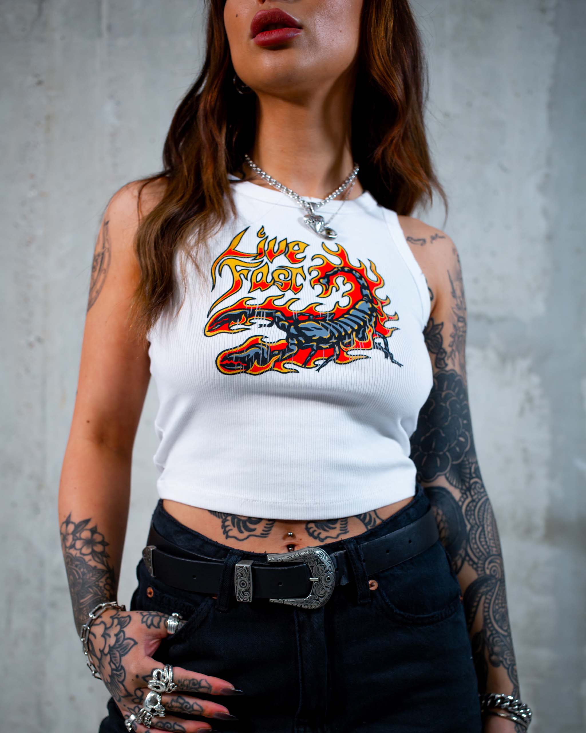 The Live Fast Scorpion tank top by Sleazy Rider, featuring a flaming scorpion graphic.
