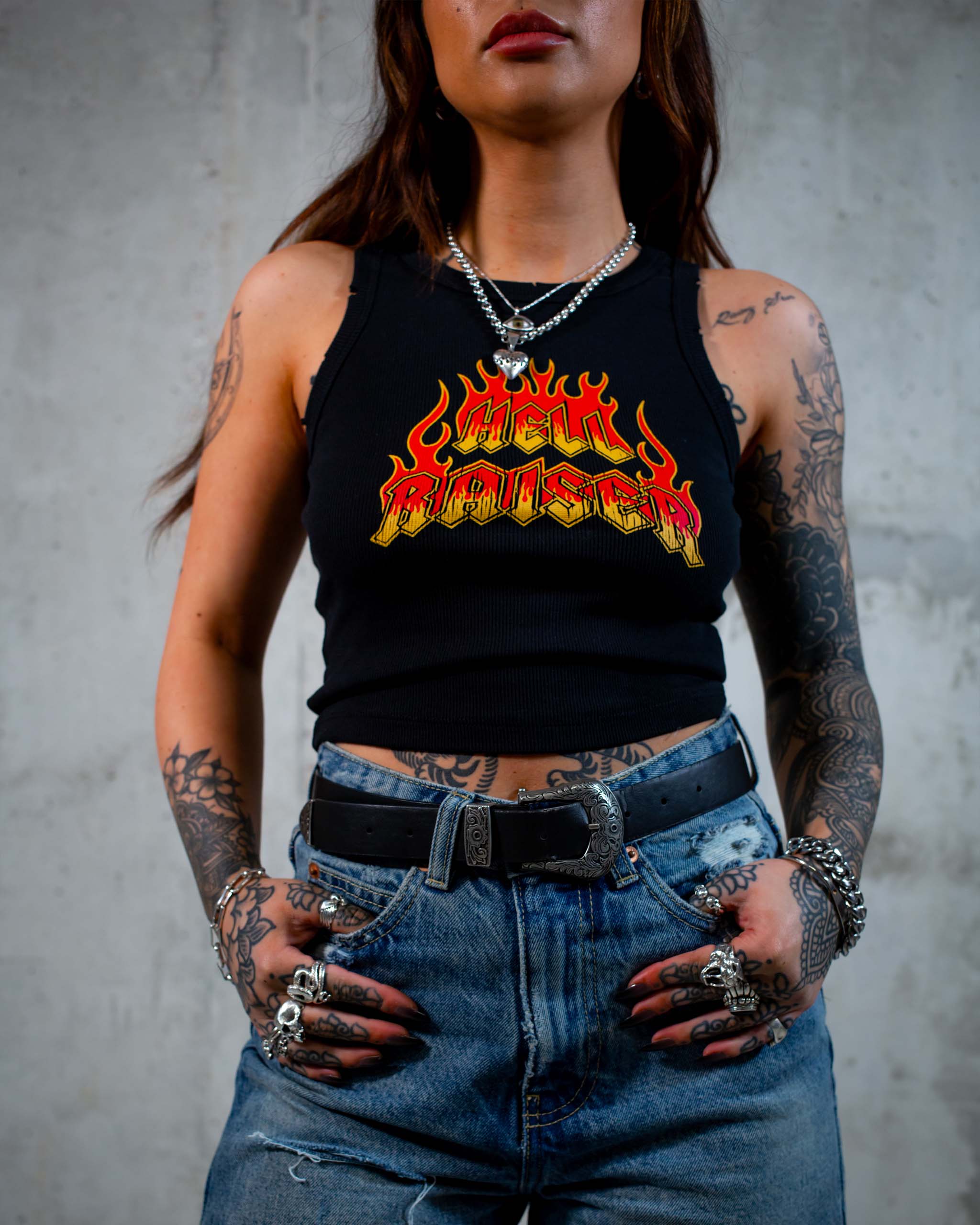 The Hell Raiser biker tank top by Sleazy Rider, featuring a flaming text graphic.
