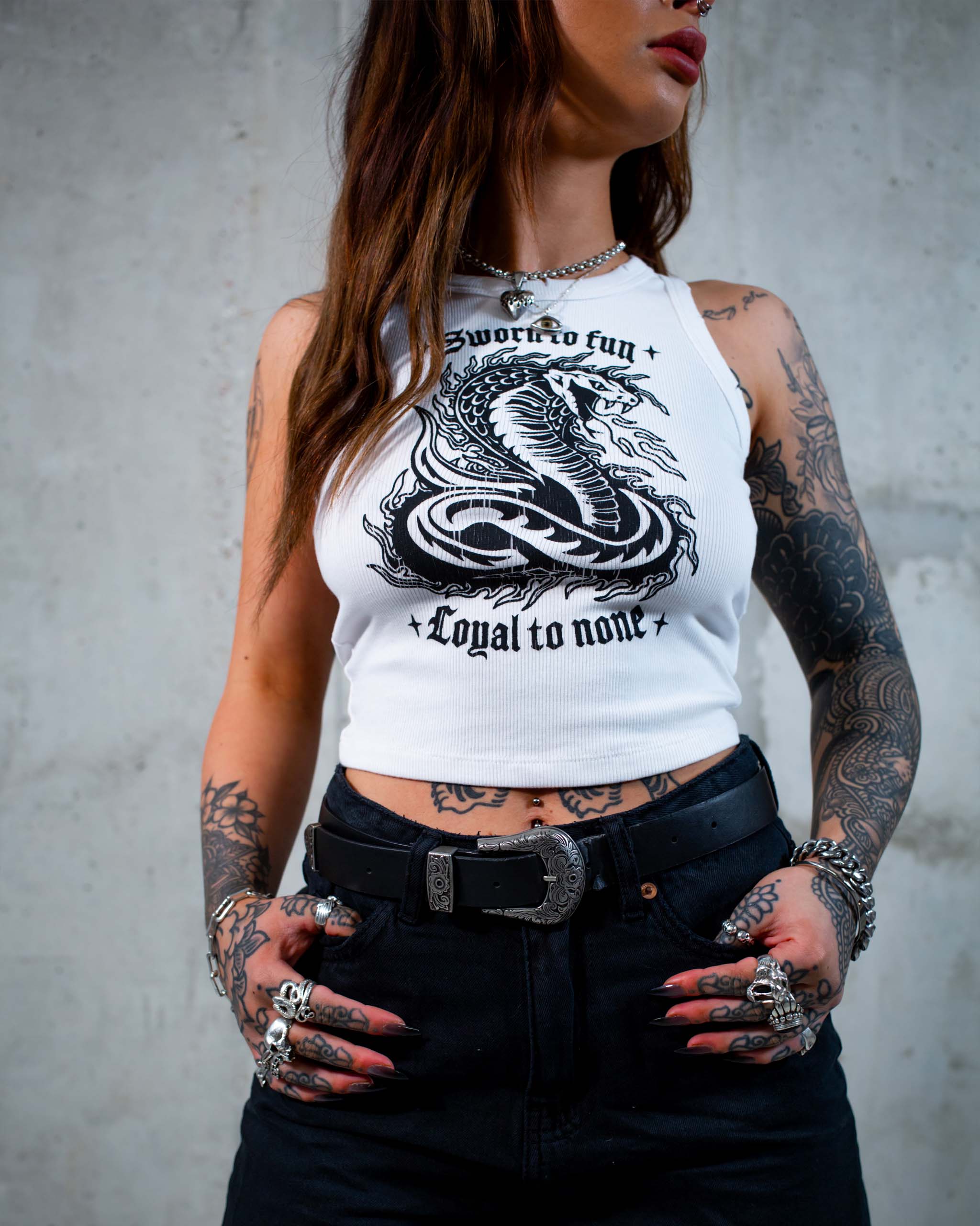 The Sworn to Fun cobra tank top by Sleazy Rider, featuring a tattoo style cobra graphic.