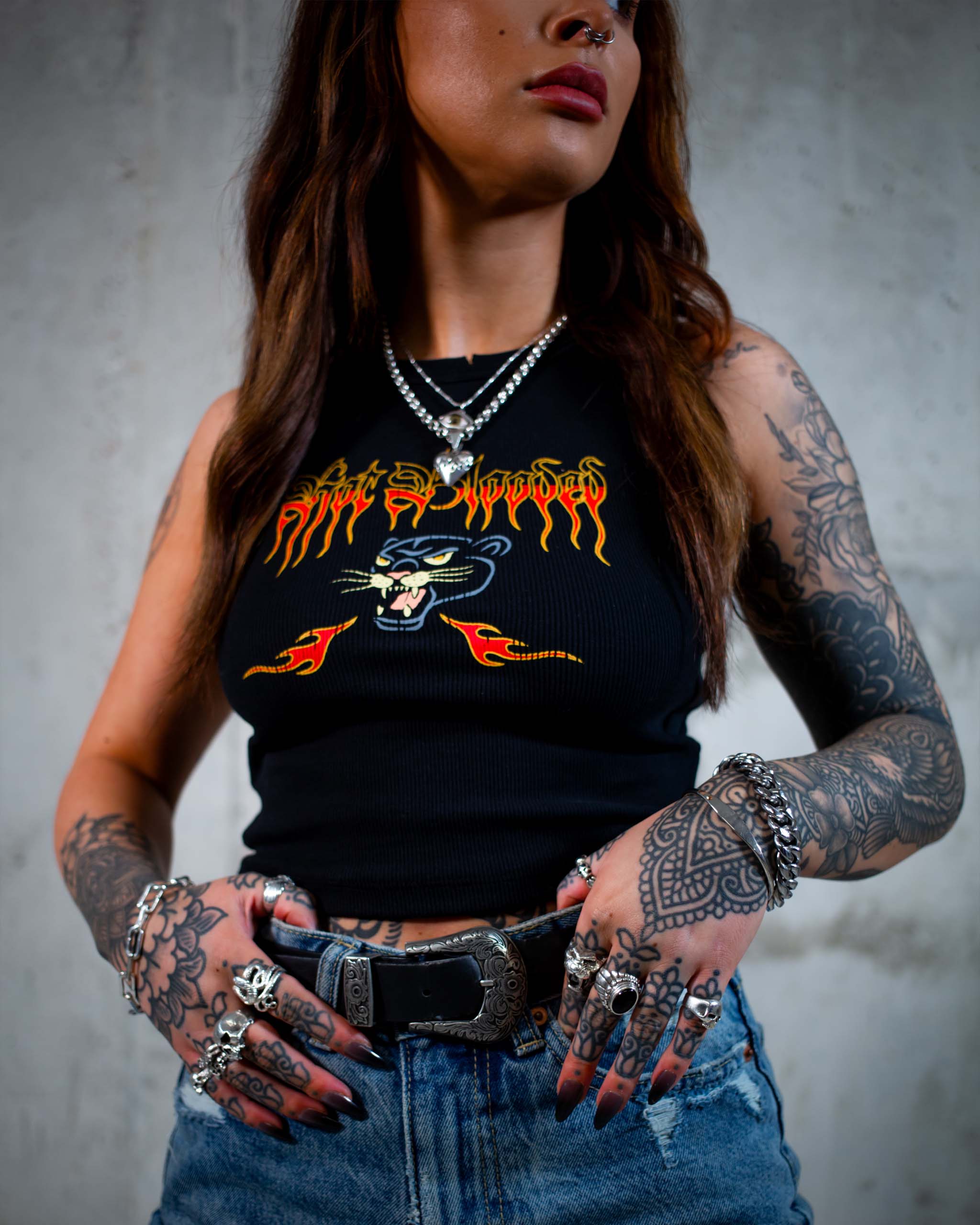The Hot Blooded tank top by Sleazy Rider, featuring a tattoo style panther head.