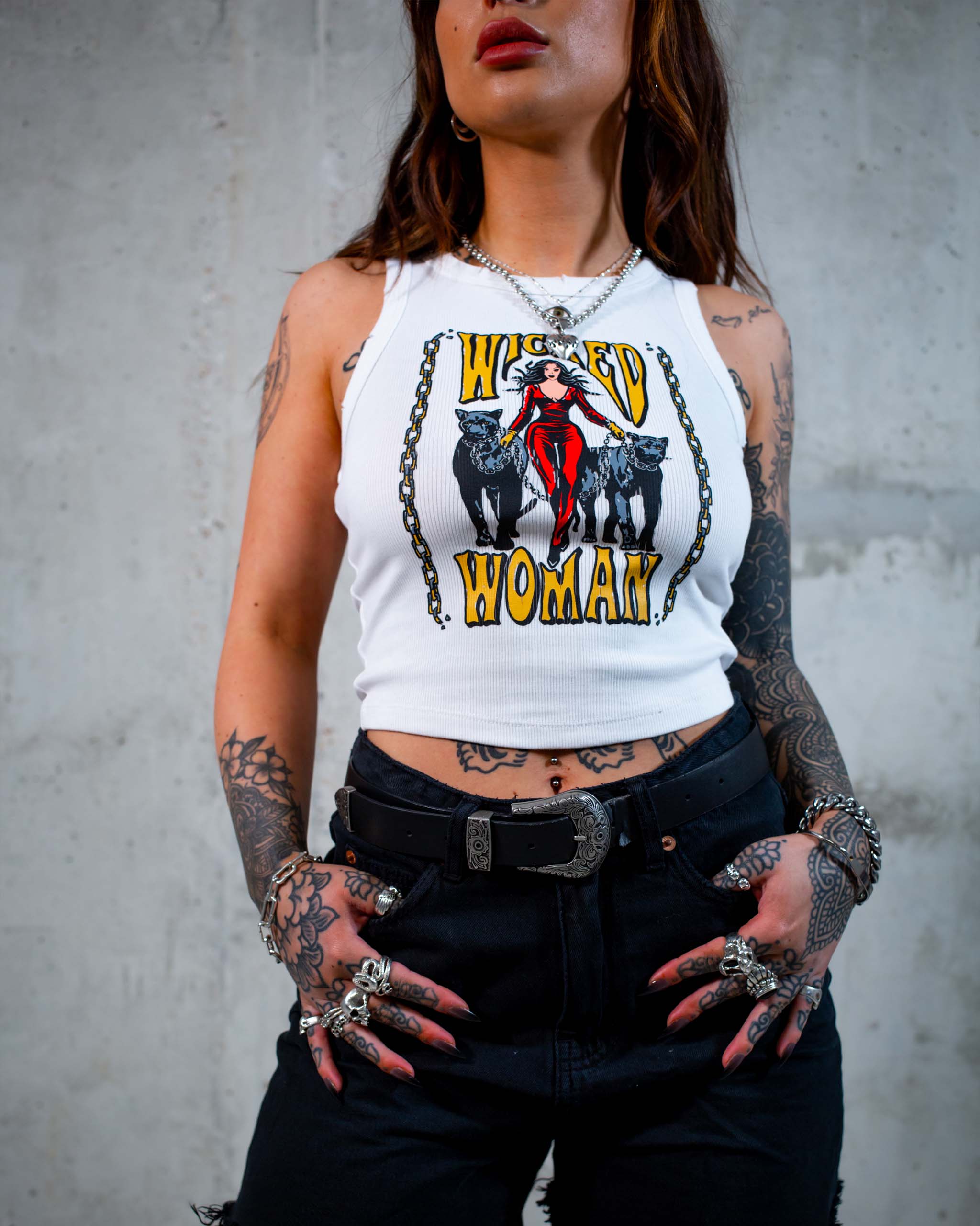 The Wicked Woman tank top by Sleazy Rider, featuring a woman in a catsuit with two panthers on a leash.