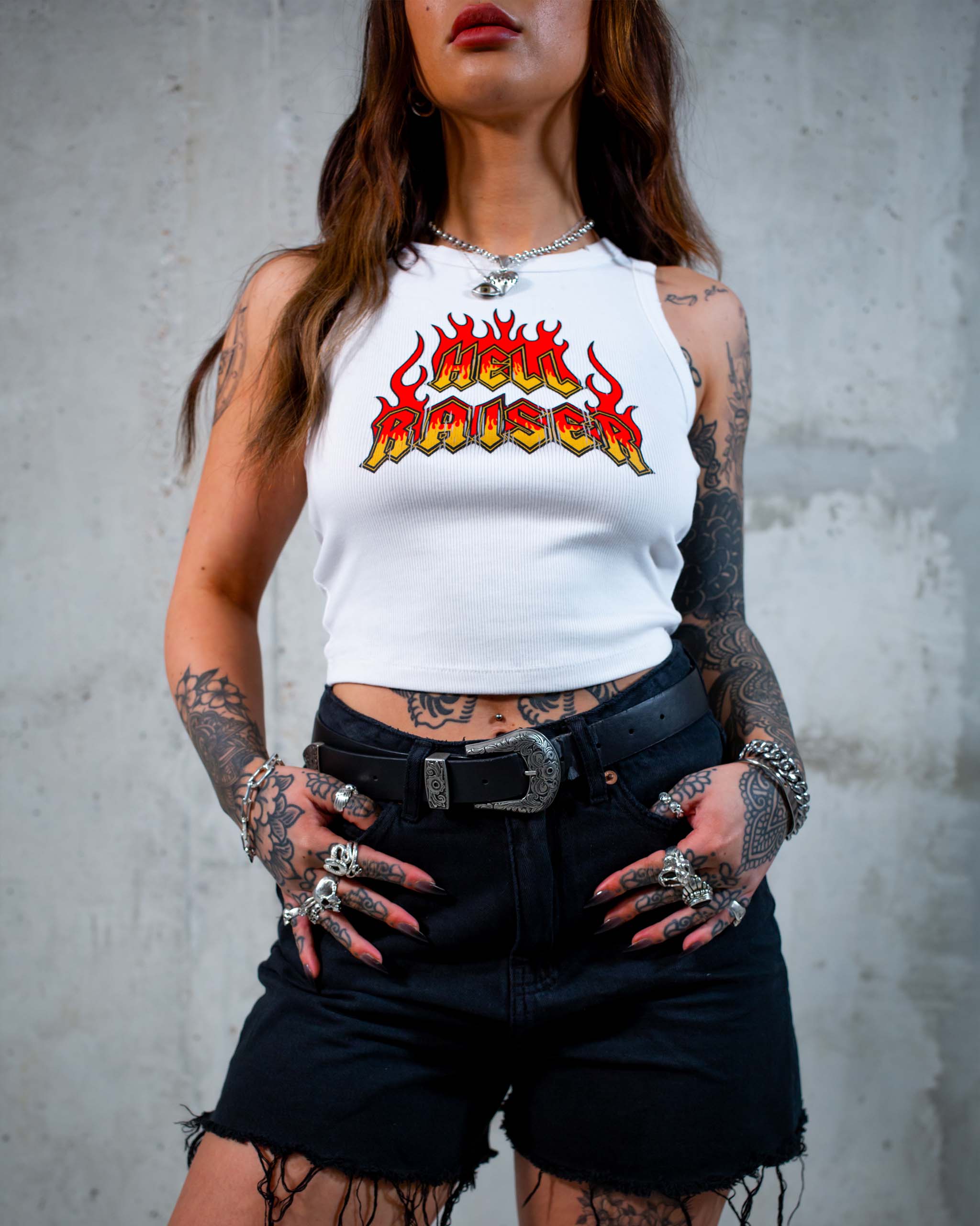 The Hell Raiser biker tank top by Sleazy Rider, featuring a flaming text graphic