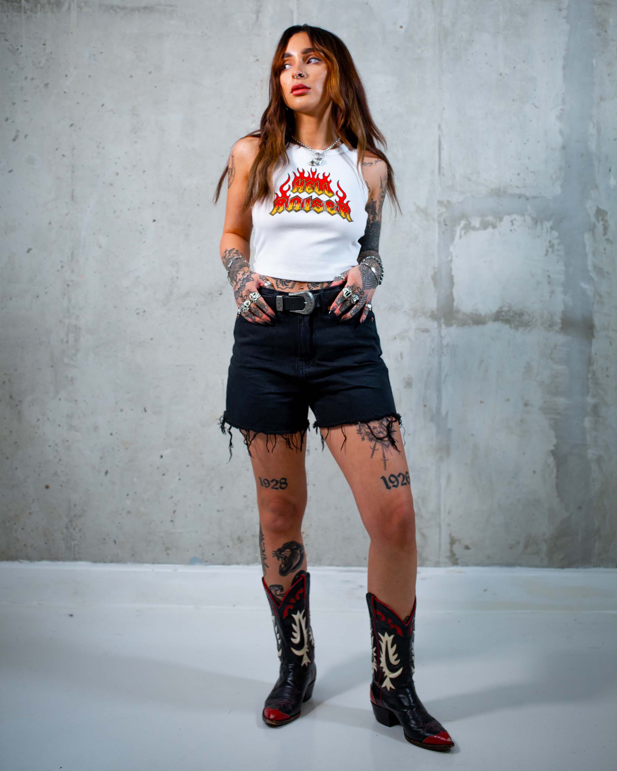 The Hell Raiser biker tank top by Sleazy Rider, featuring a flaming text graphic