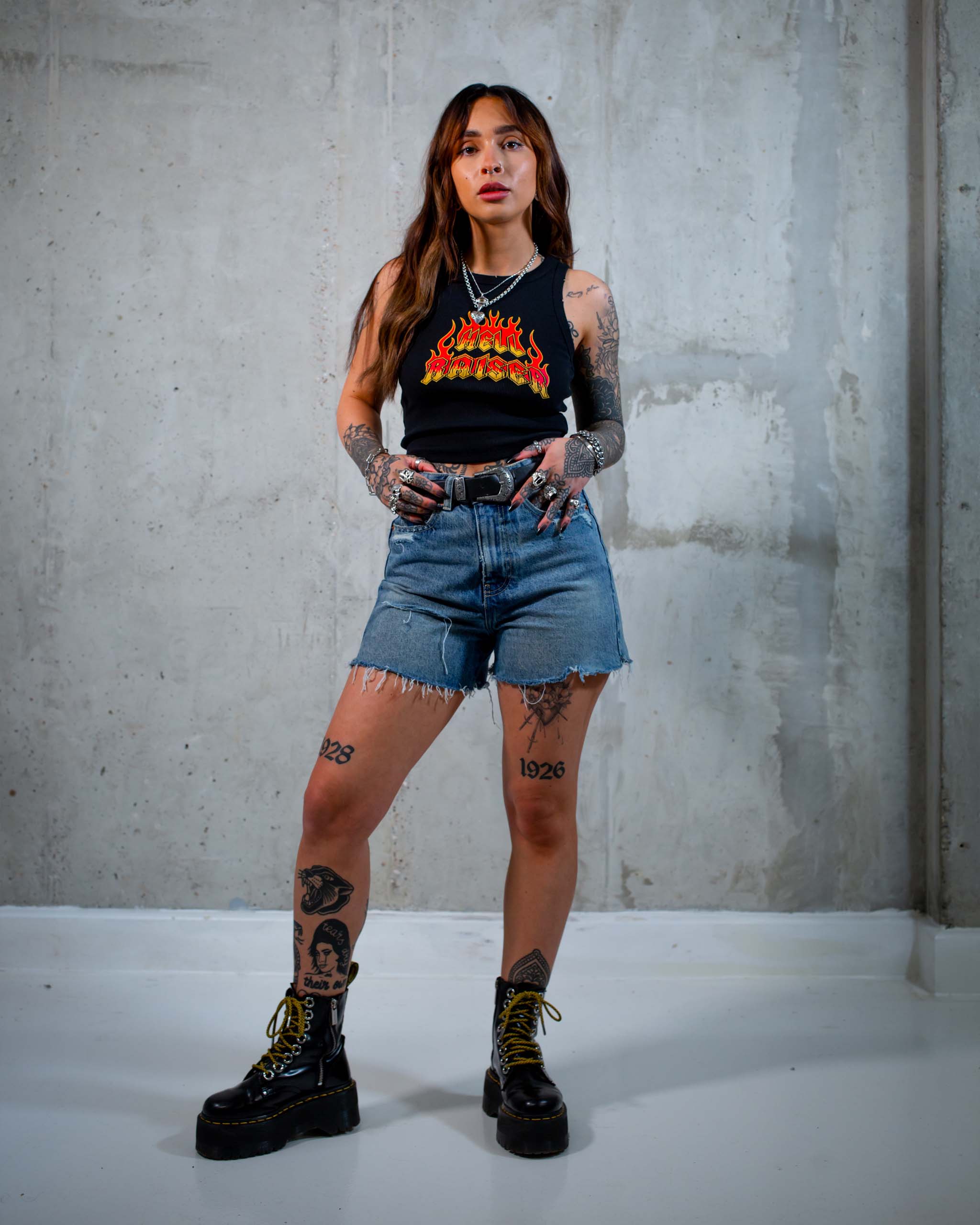 The Hell Raiser biker tank top by Sleazy Rider, featuring a flaming text graphic.