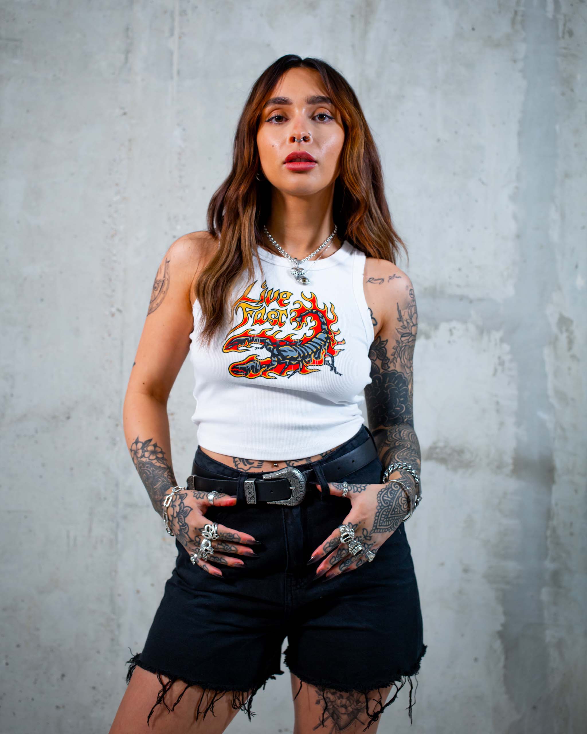The Live Fast Scorpion tank top by Sleazy Rider, featuring a flaming scorpion graphic.