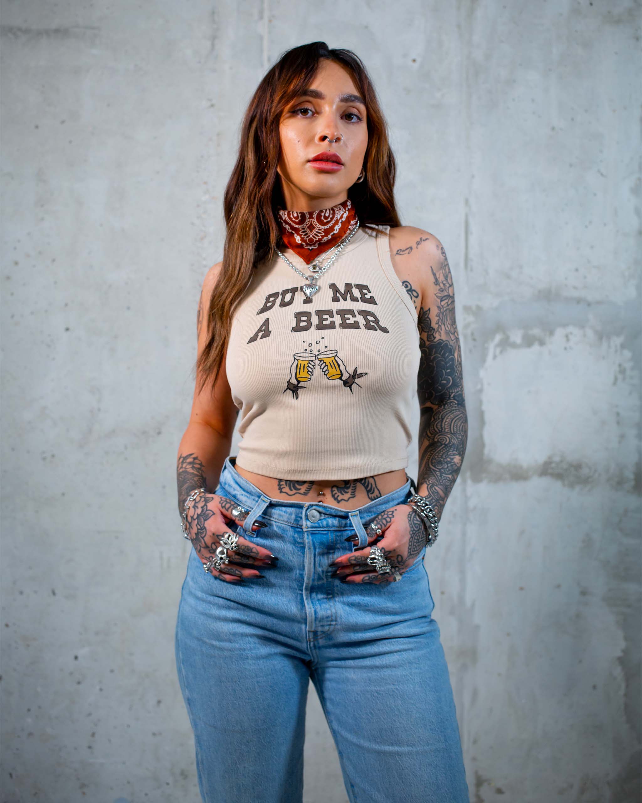 Sleazy Rider tank top featuring 'Buy Me A Beer' slogan print.