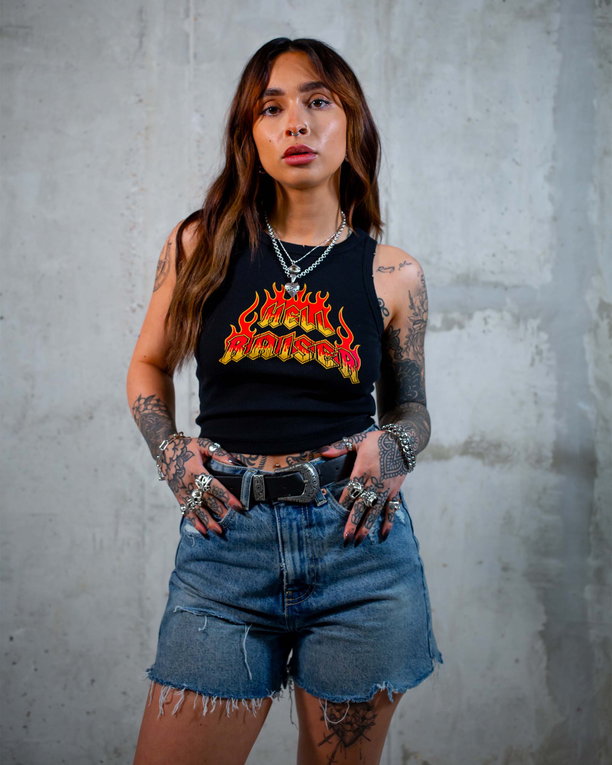 The Hell Raiser biker tank top by Sleazy Rider, featuring a flaming text graphic.