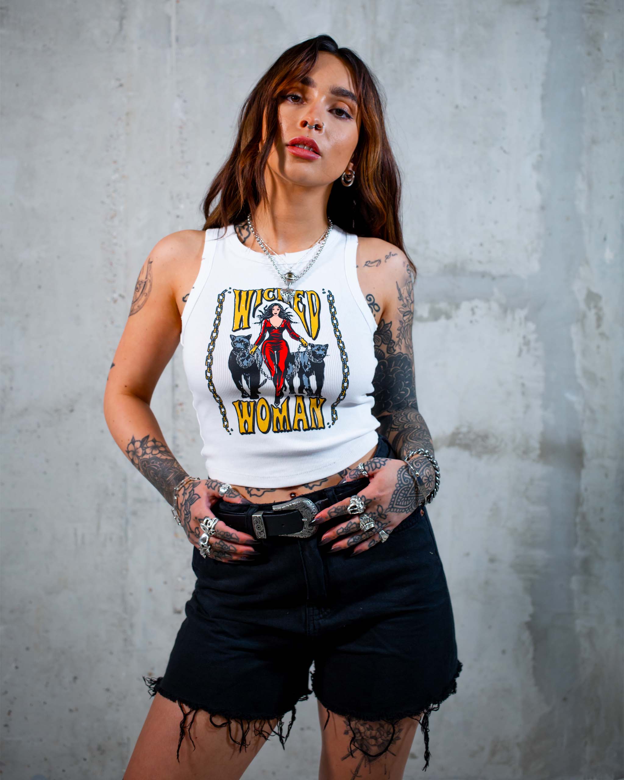The Wicked Woman tank top by Sleazy Rider, featuring a woman in a catsuit with two panthers on a leash.