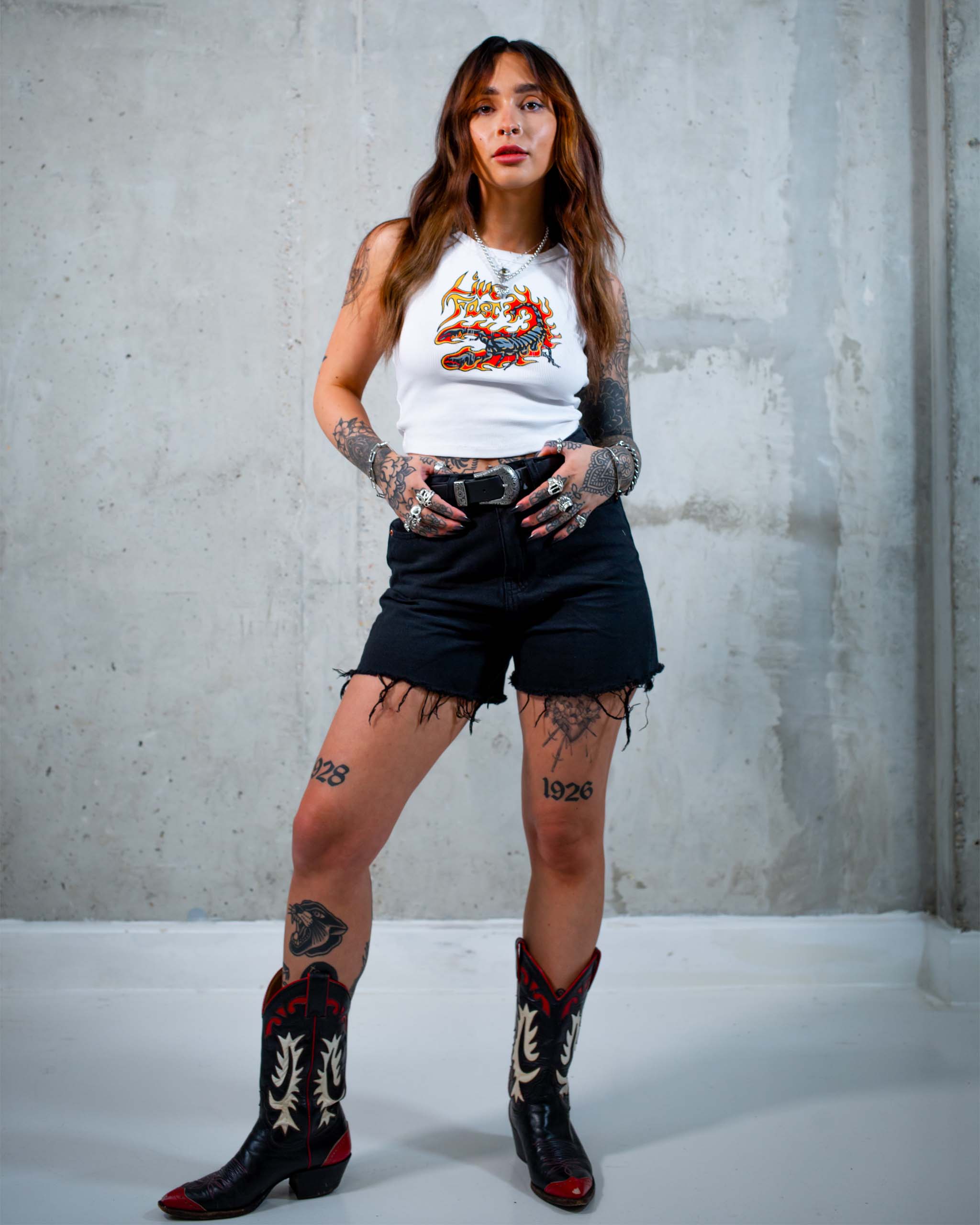 The Live Fast Scorpion tank top by Sleazy Rider, featuring a flaming scorpion graphic.