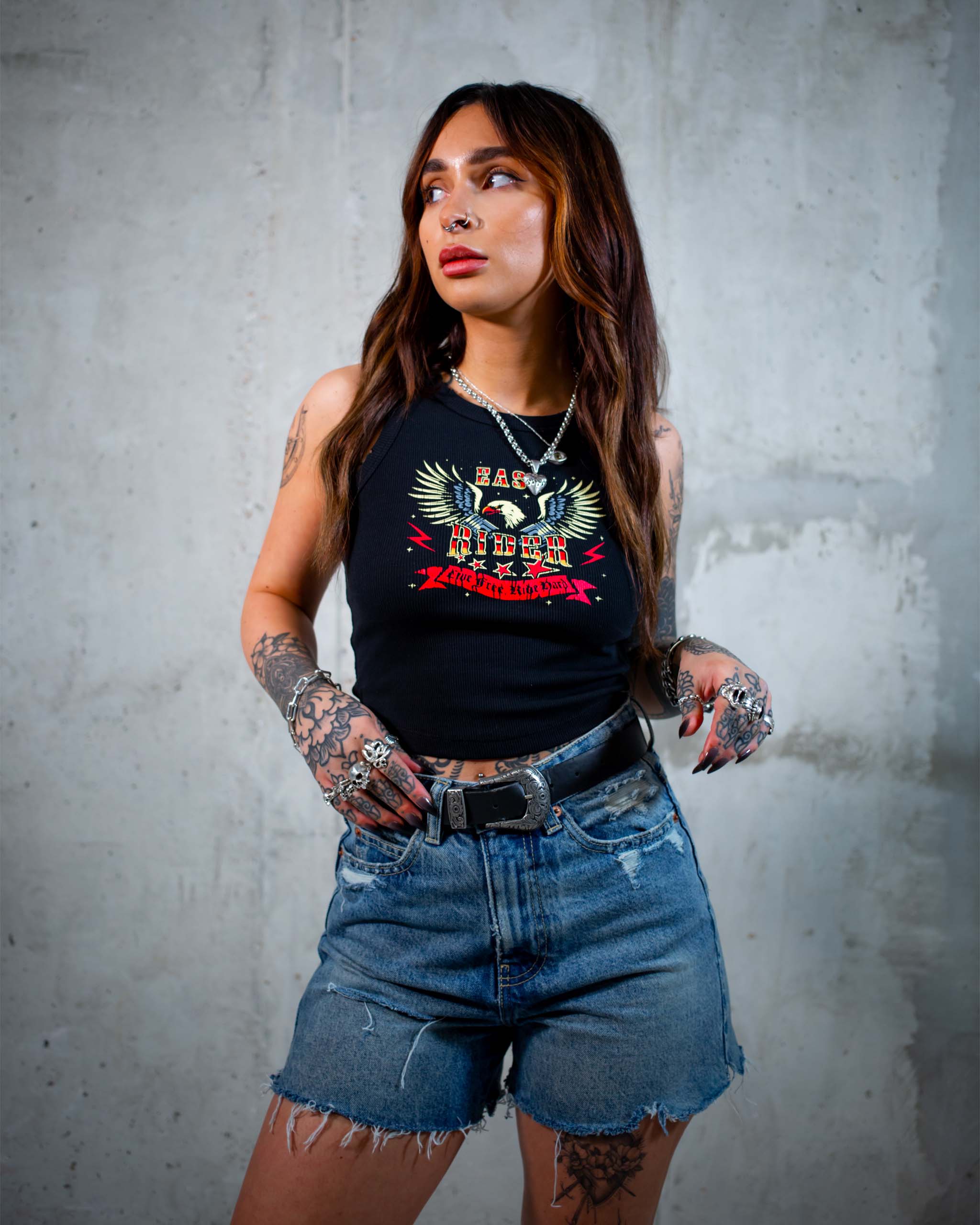 The Easy Rider biker tank top by Sleazy Rider, featuring an eagle and a motorbike engine.