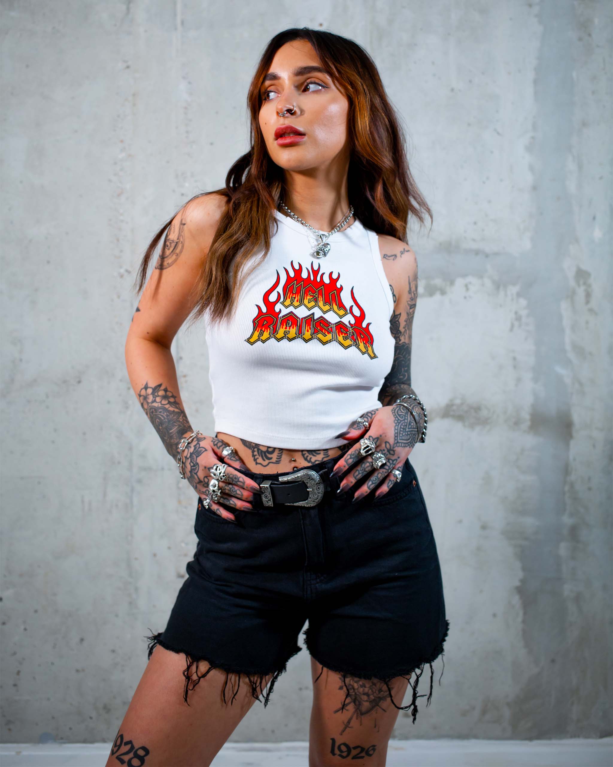The Hell Raiser biker tank top by Sleazy Rider, featuring a flaming text graphic