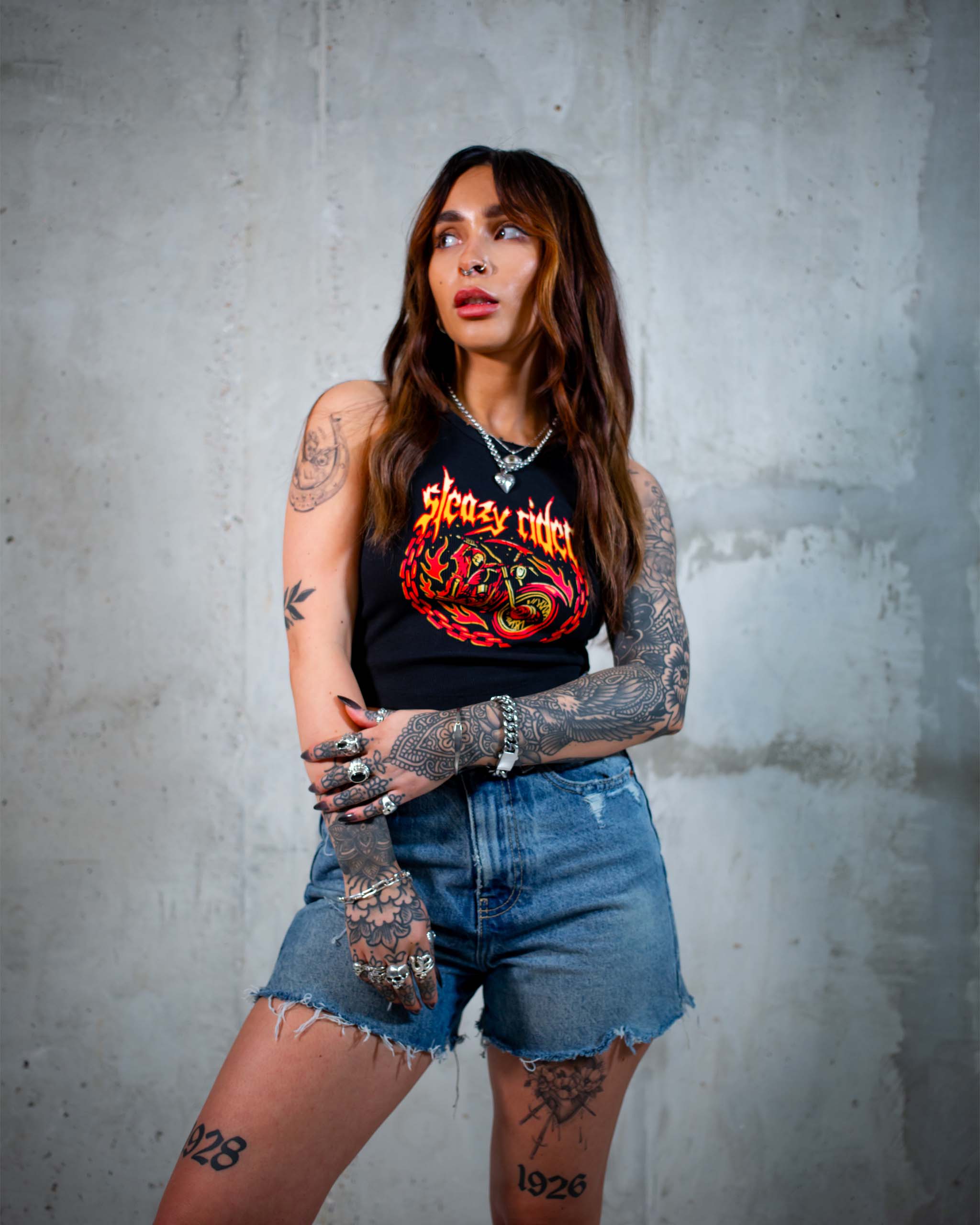 The Flaming Reaper tank top by Sleazy Rider, featuring the grim reaper on a Harley Davidson motorbike.