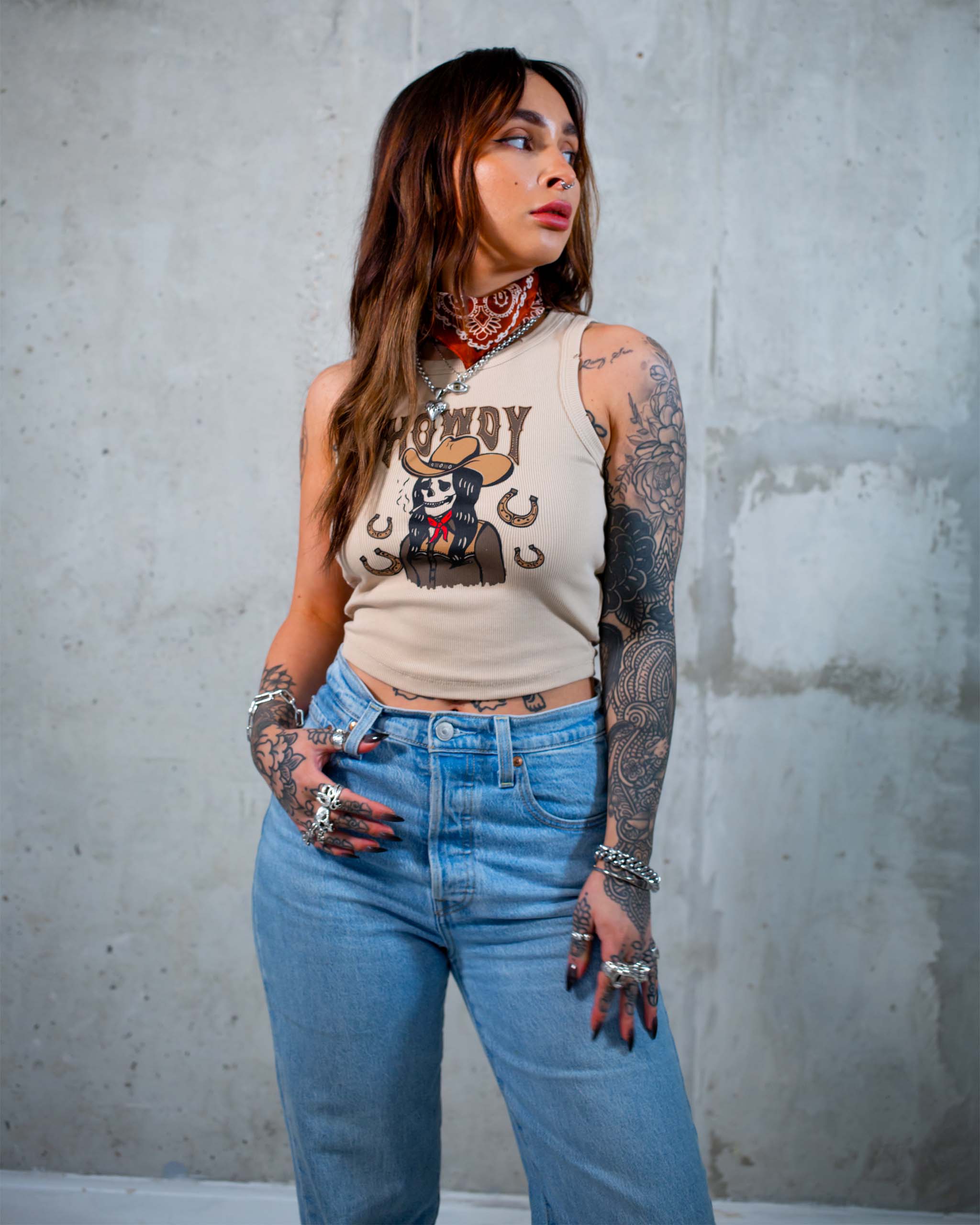 The Howdy tank top by Sleazy Rider, featuring a wild west cowgirl skull.