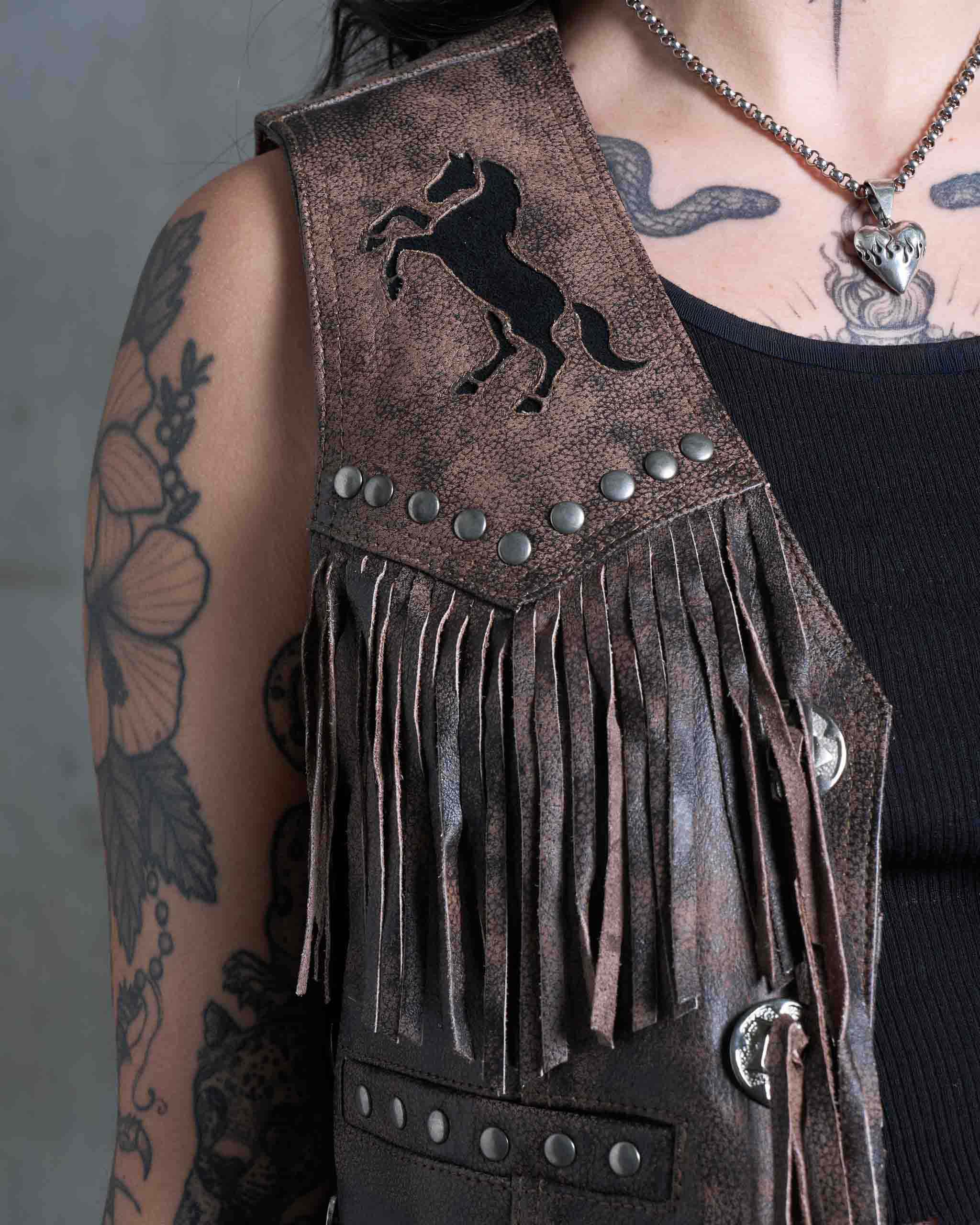 Colt Studded Fringe Leather Vest - Brown