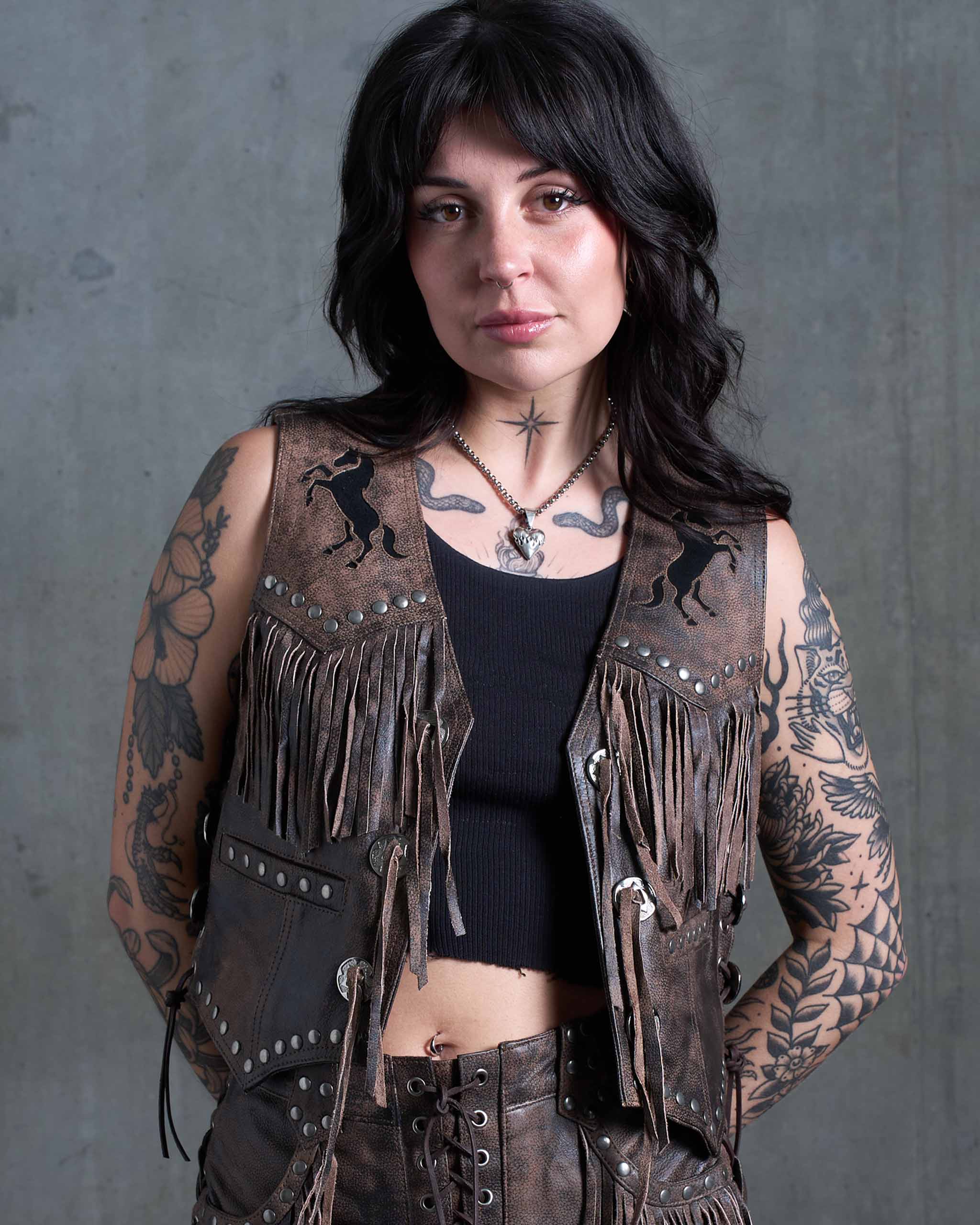 Colt Studded Fringe Leather Vest - Brown