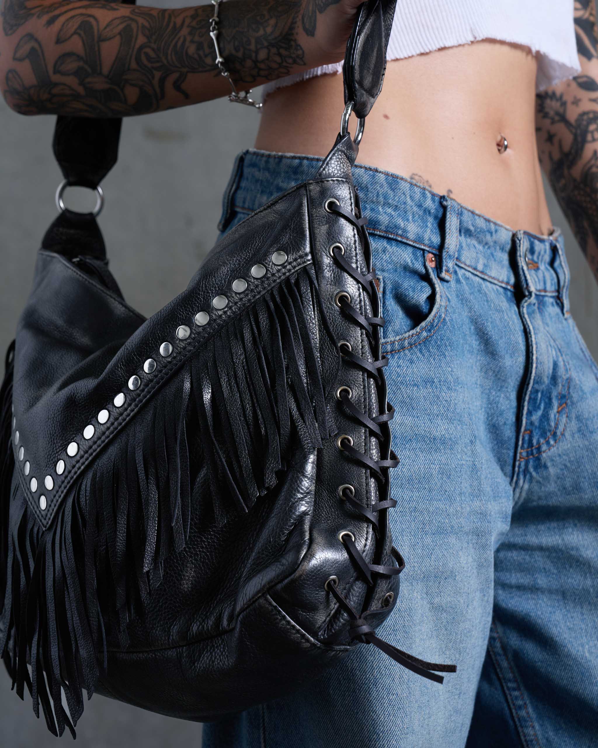 Coyote Studded Leather Bag - Distressed Black