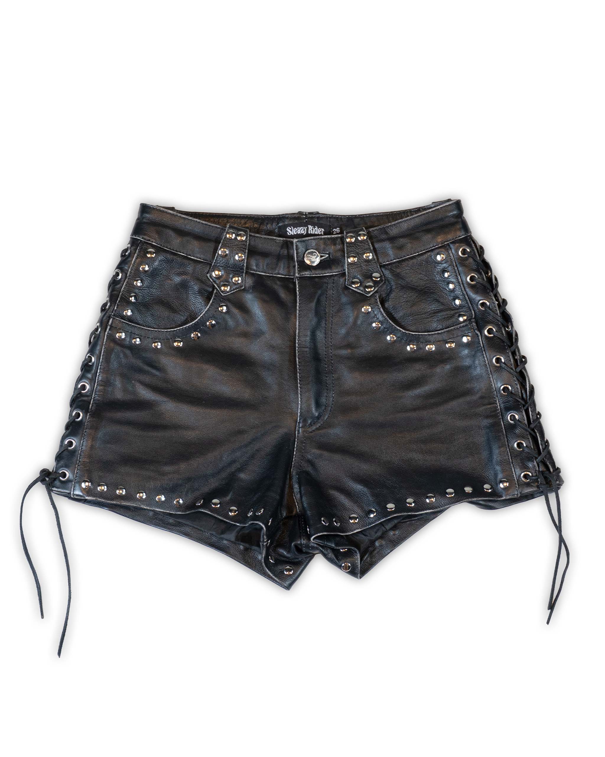 Black leather vintage style biker shorts with studs and lace up sides on a white background