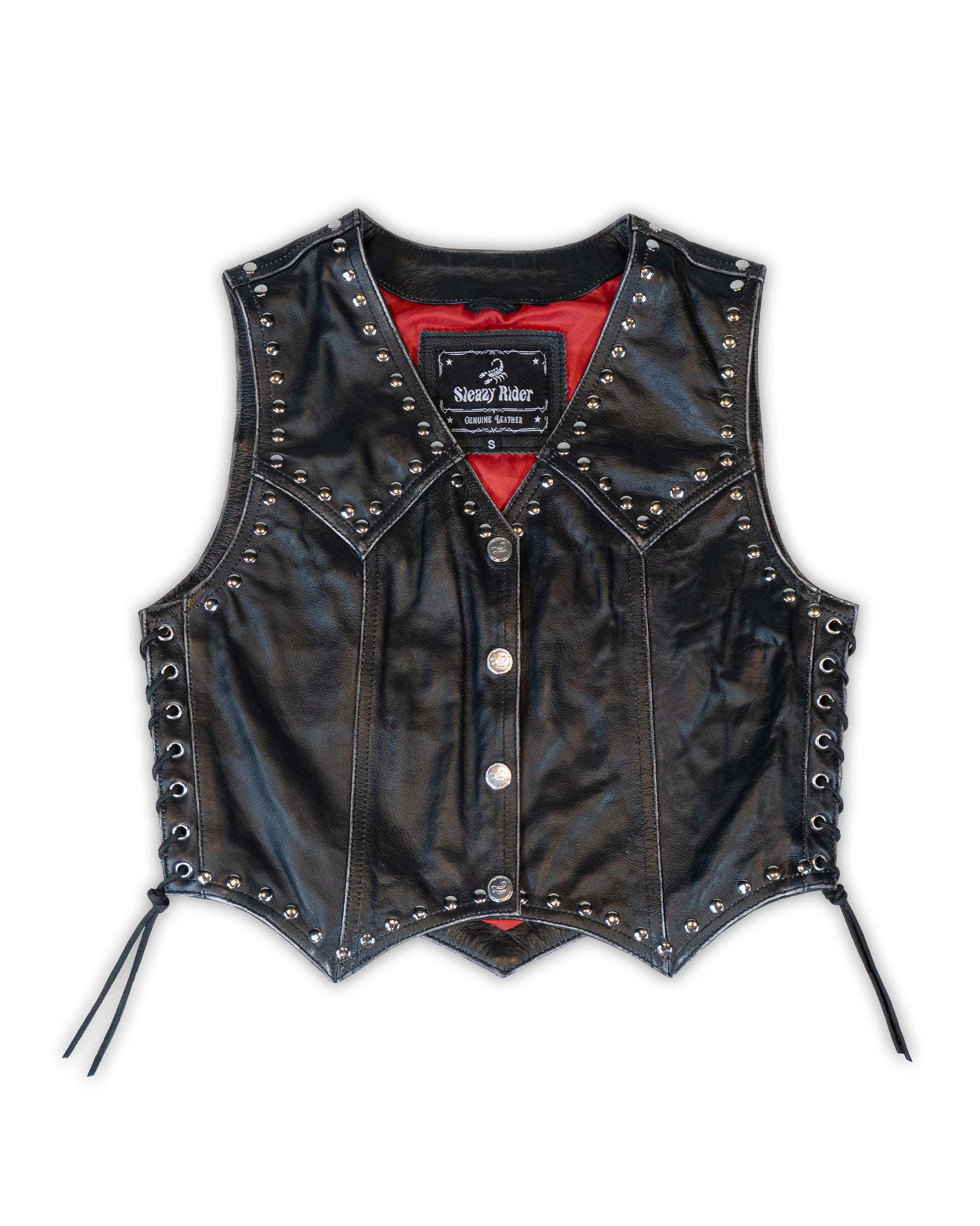 Black studded leather vest with studs and a red lining on a white background