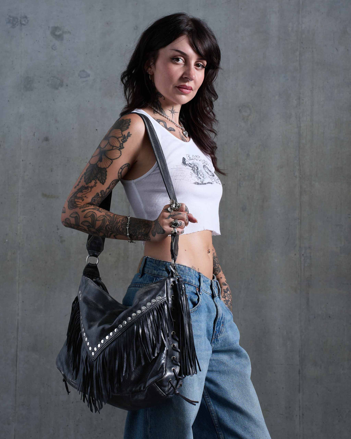 Coyote Studded Leather Bag - Distressed Black