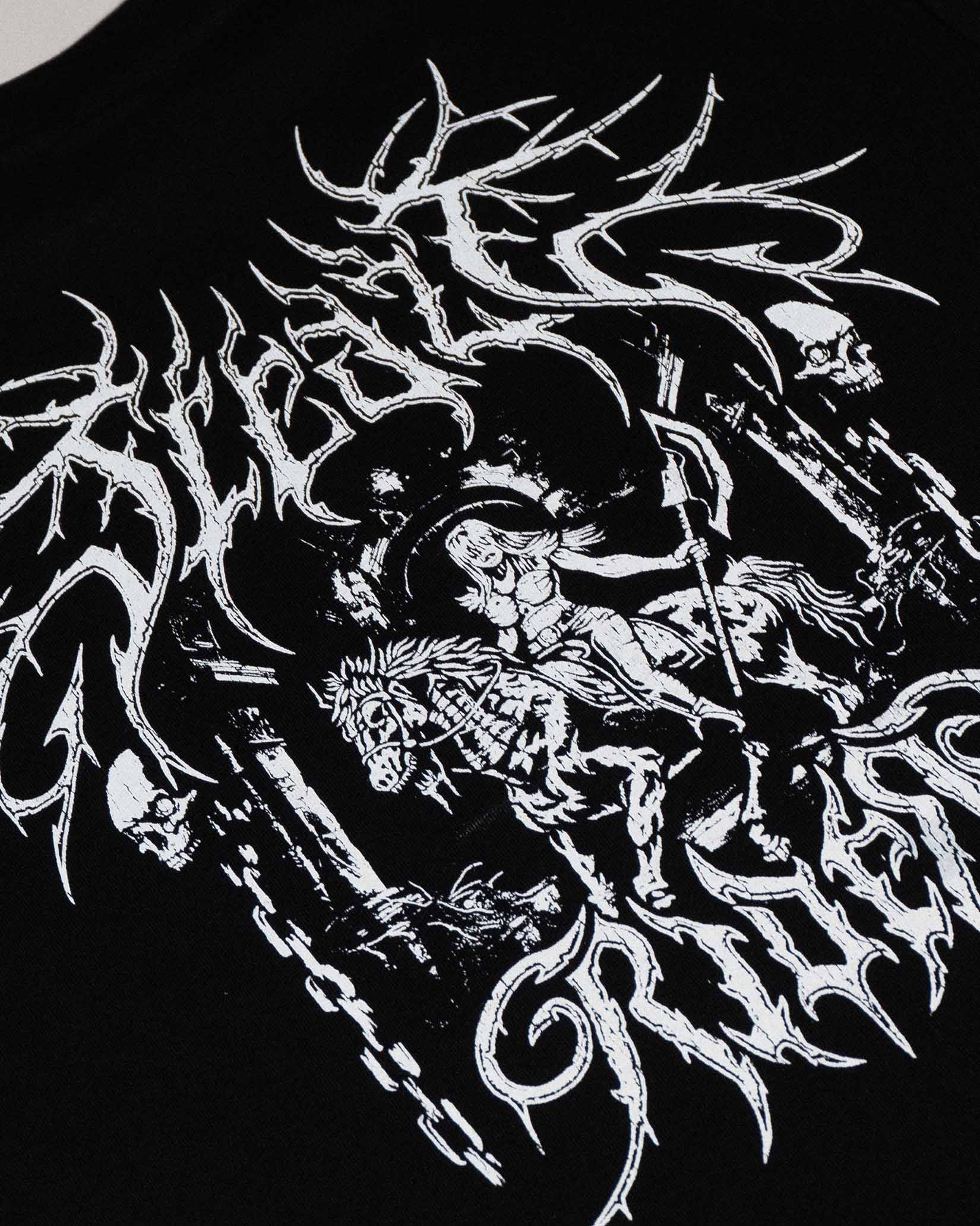 Close up picture of the Sleazy Rider Executioner t-shirt, alternative fashion.