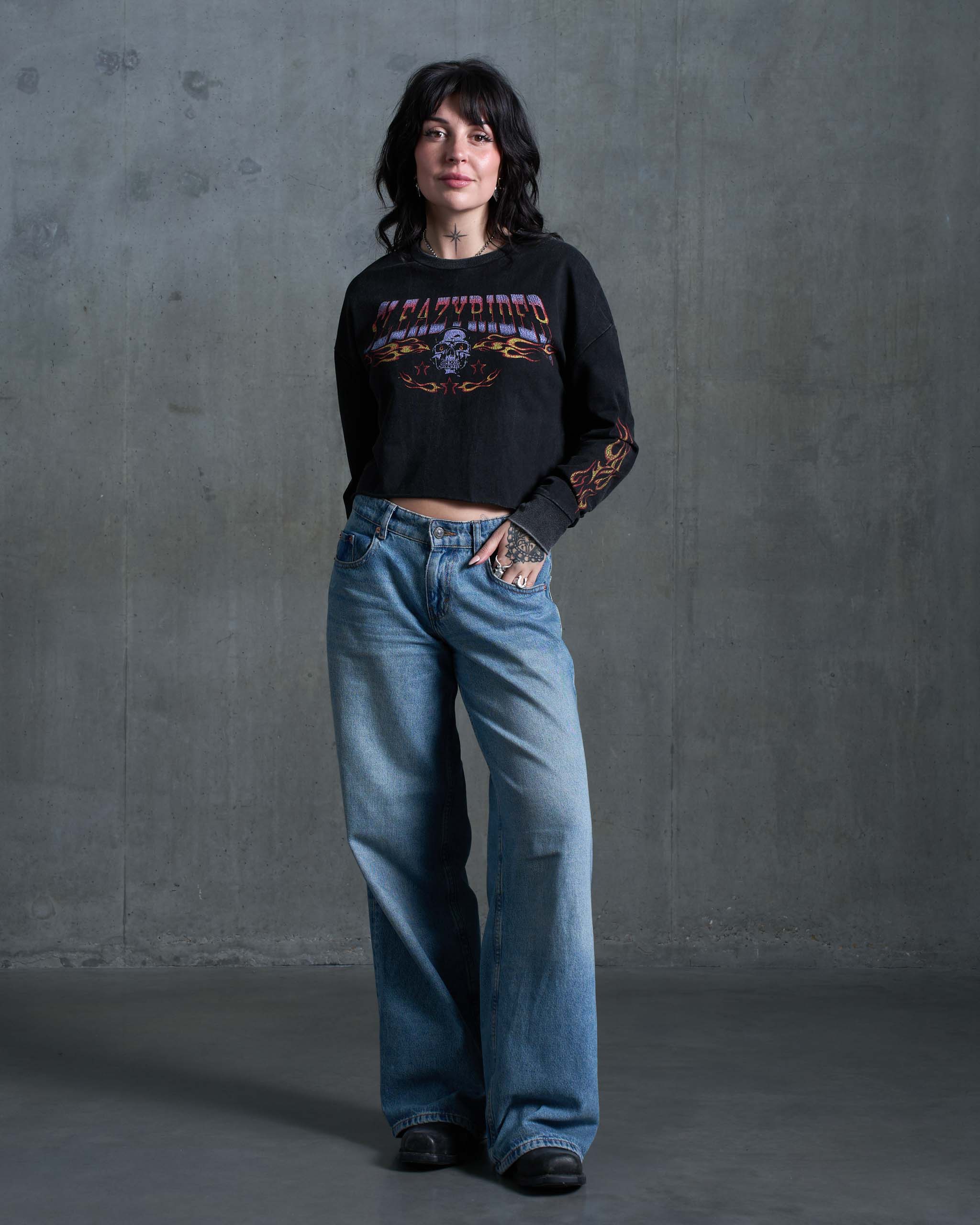 Flaming Skull Long Sleeve Cropped T-Shirt - Acid Wash