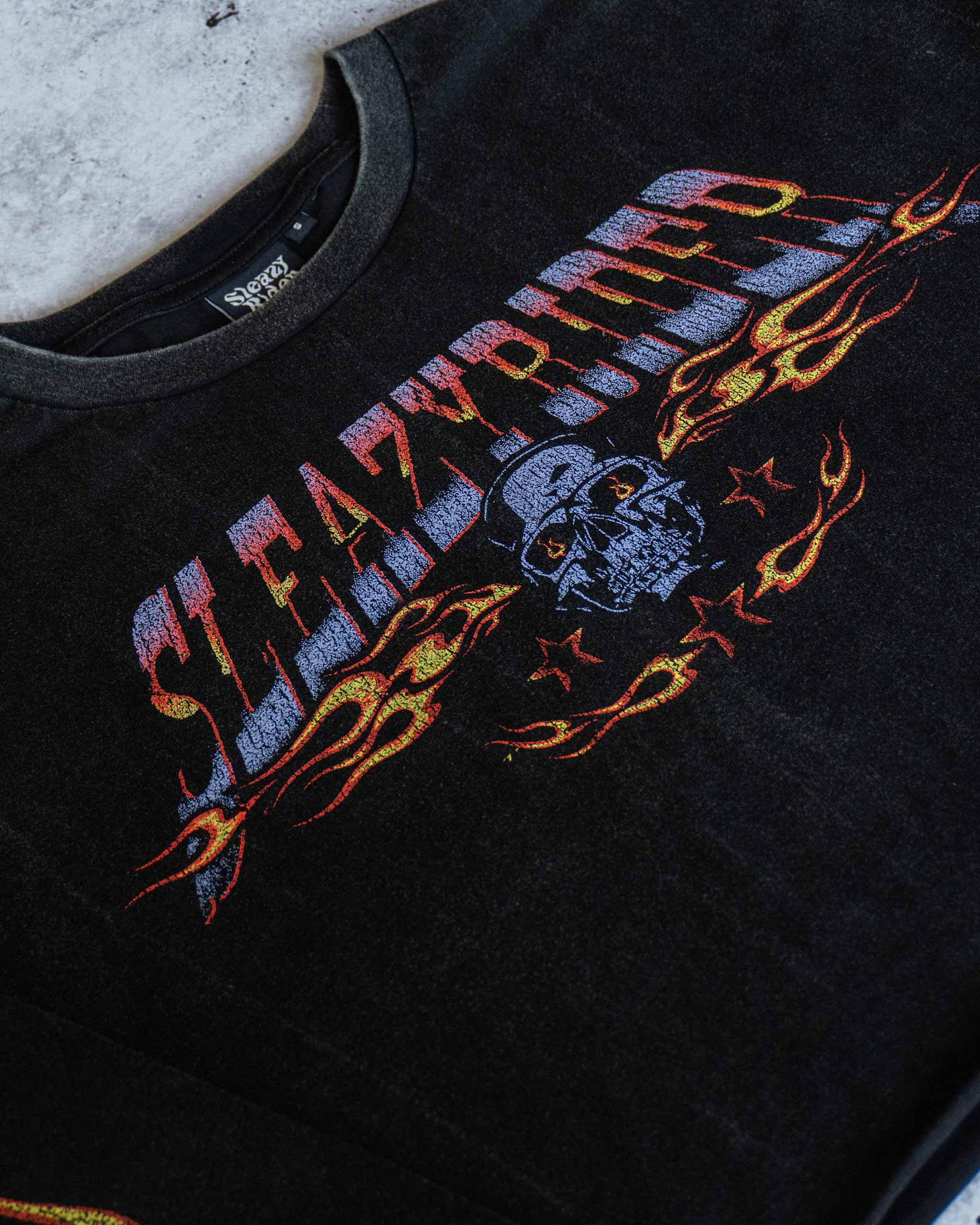 Flaming Skull Long Sleeve Cropped T-Shirt - Acid Wash