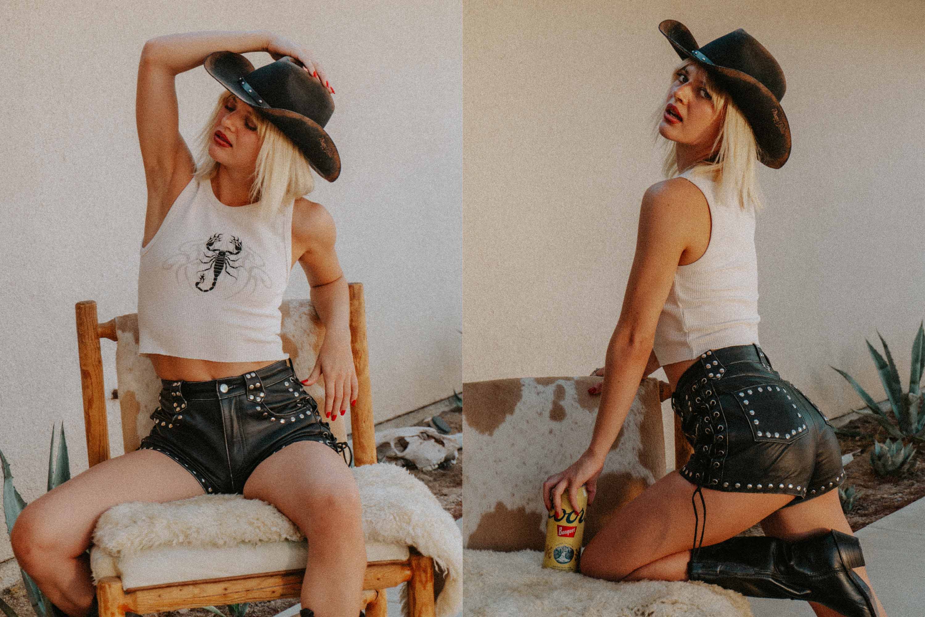 A cowgirl wearing a scorpion tank top, studded leather shorts and a cowboy hat, sitting on a cowhide chair.