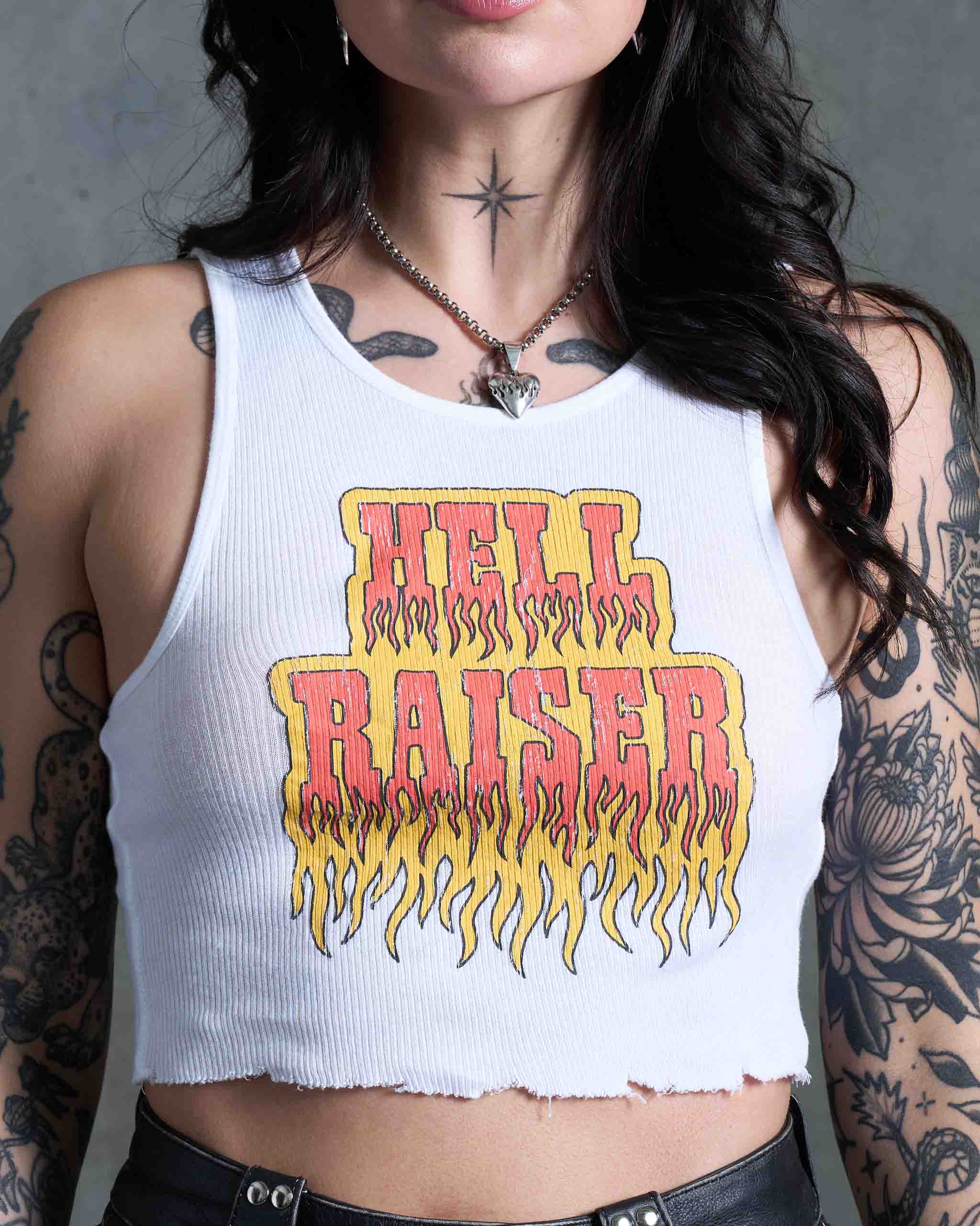 トップス CLANE PILE FLARE TANK TOPS Hell Raiser Tank Top - White | Sleazy Rider