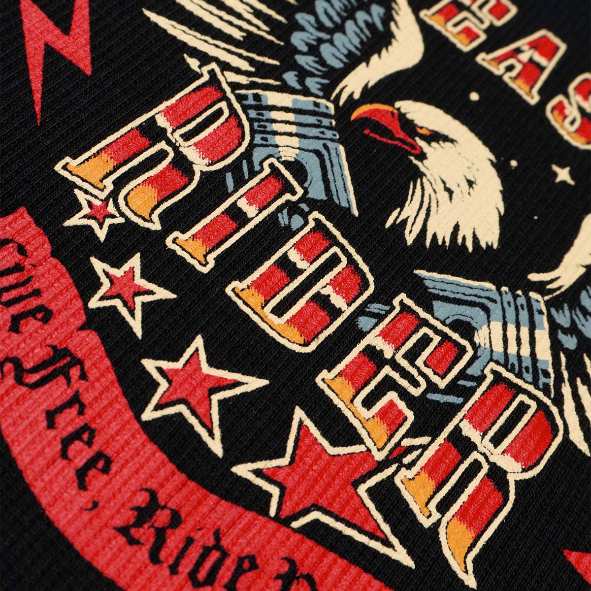 Up close of a Sleazy Rider biker eagle screen print