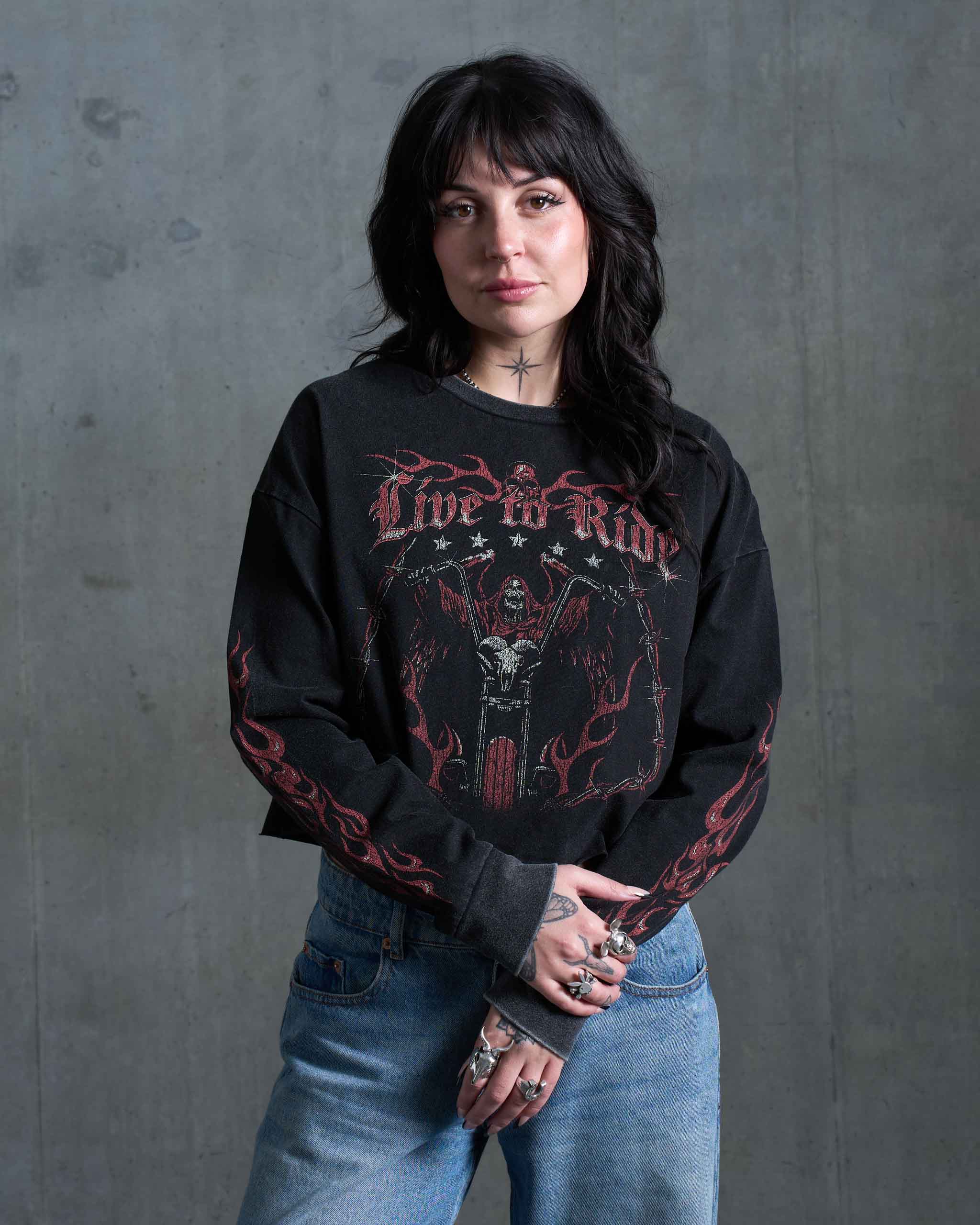 Live To Ride Long Sleeve Cropped T-Shirt - Acid Wash