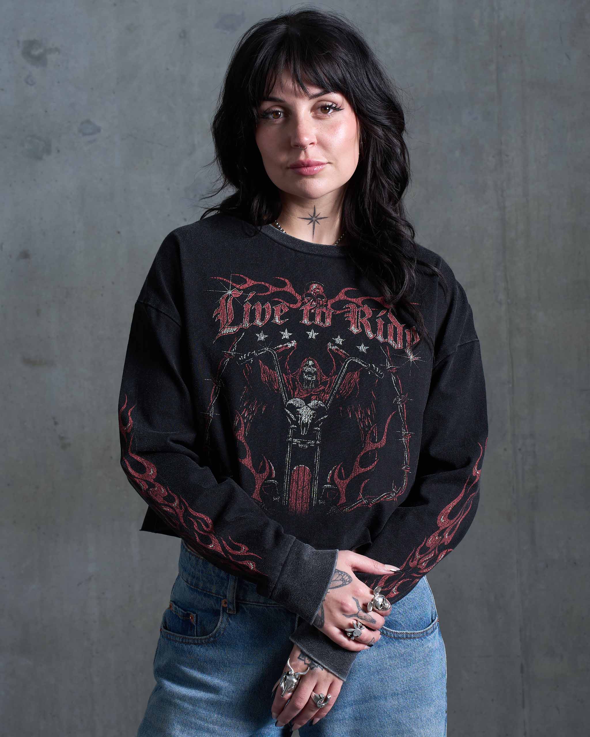 Live To Ride Long Sleeve Cropped T-Shirt - Acid Wash