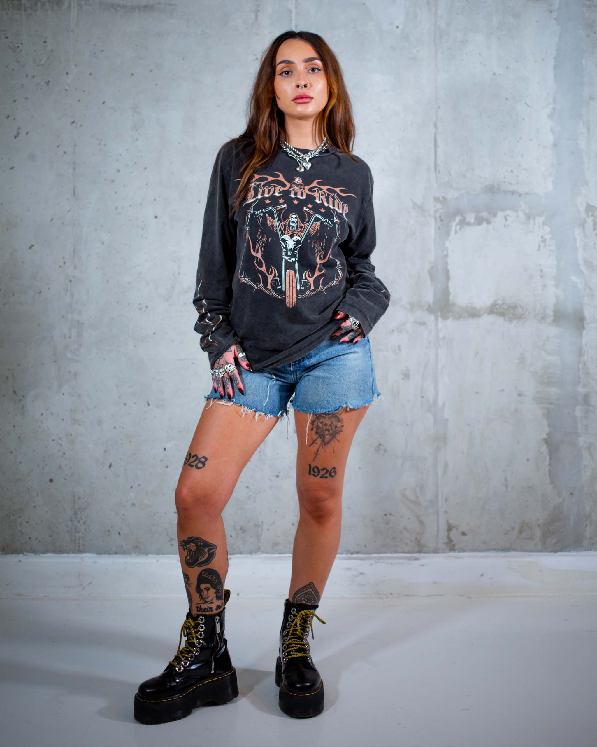 The Live To Ride biker long sleeve t-shirt by Sleazy Rider. Flames on the sleeves.