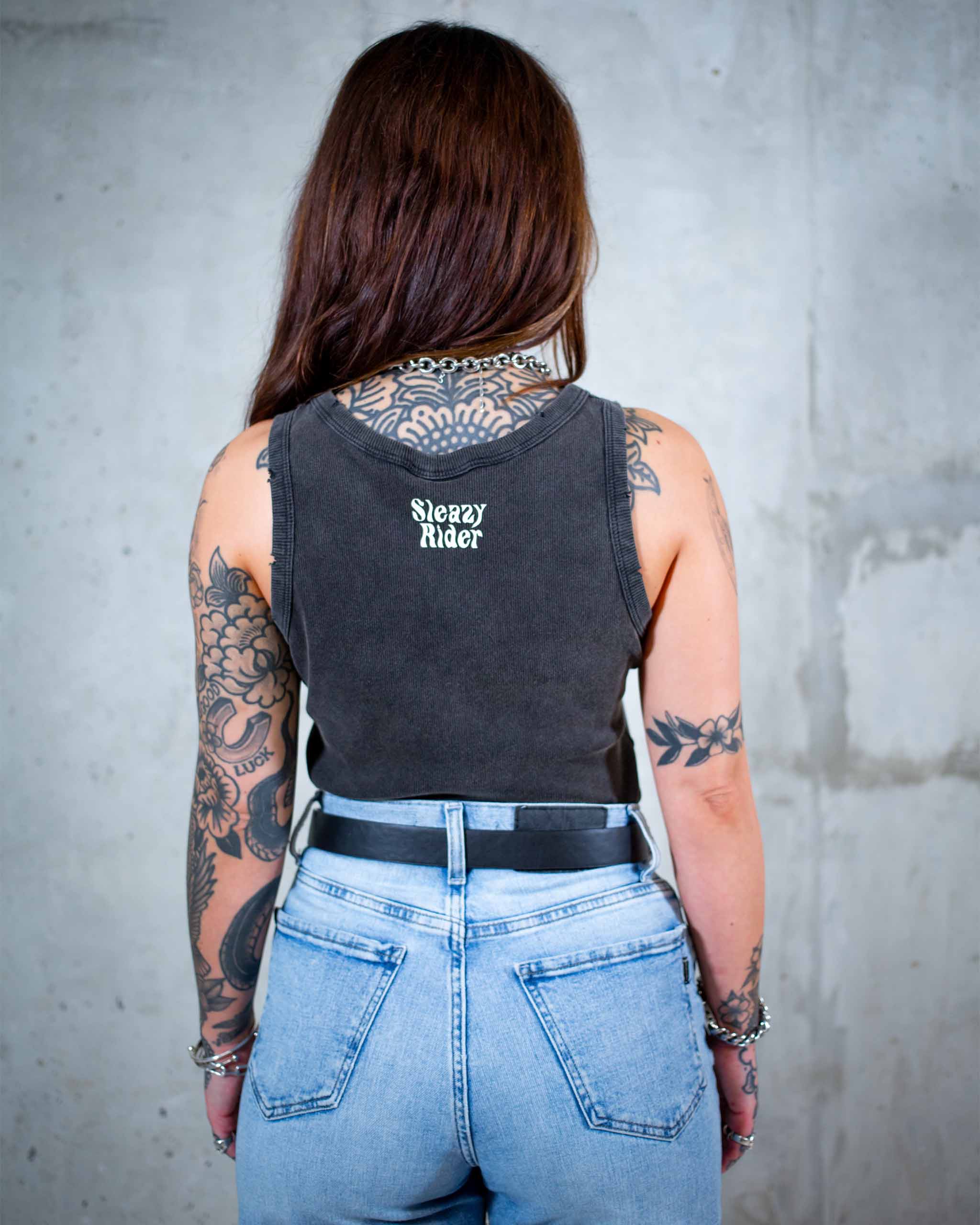 The Live To Ride biker tank top from Sleazy Rider. Modelled by Liv May Parker.