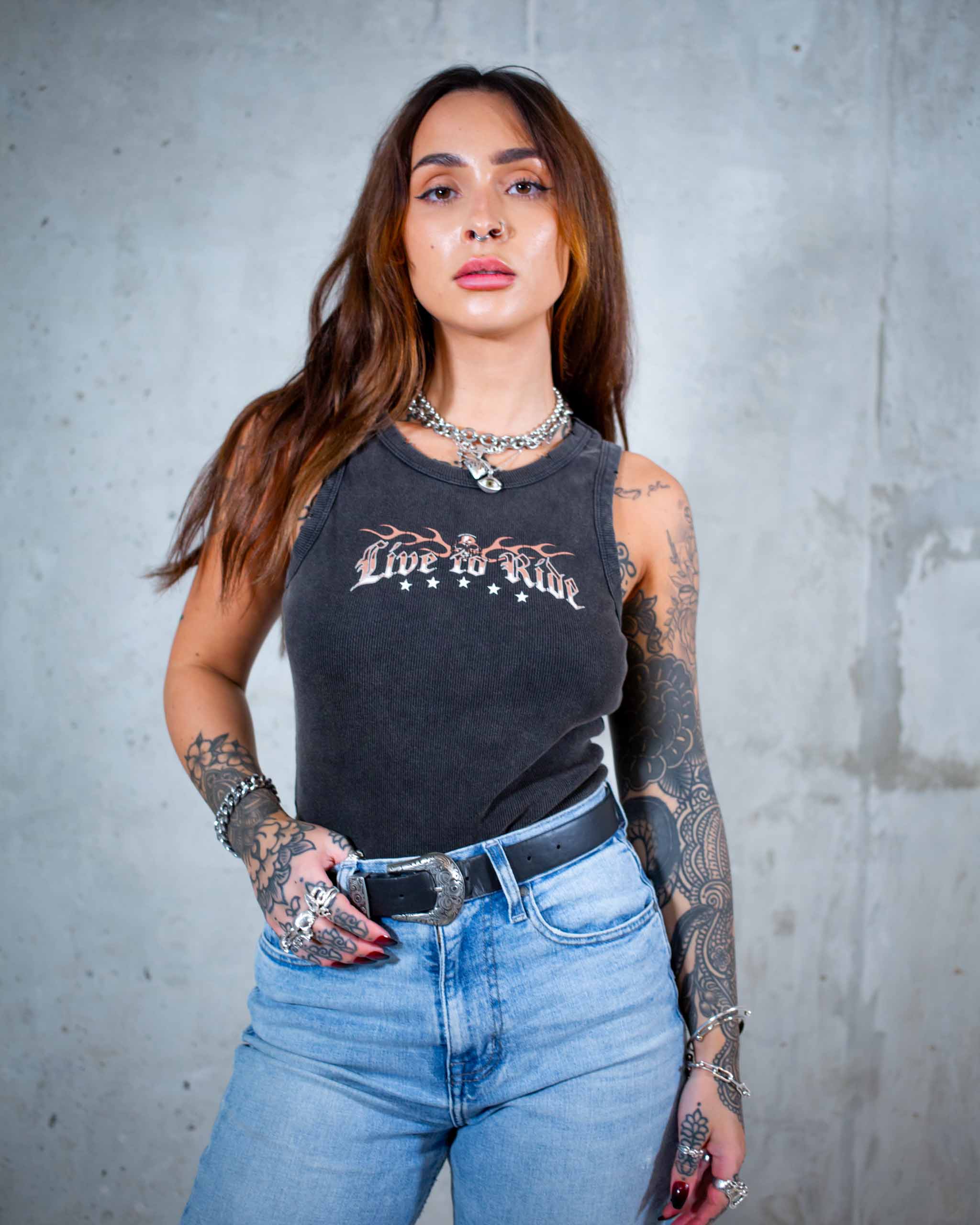 The Live To Ride biker tank top from Sleazy Rider. Modelled by Liv May Parker.