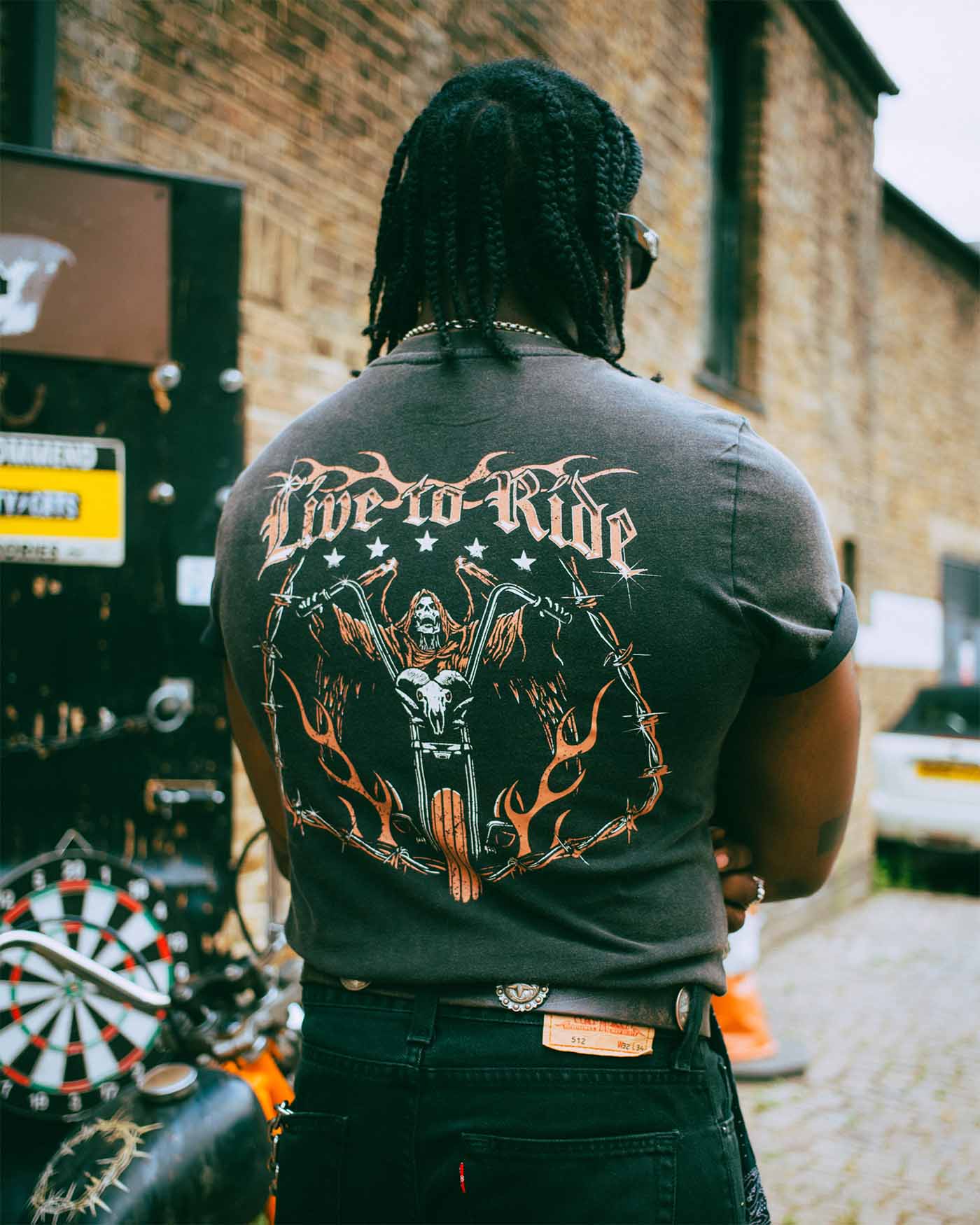 Sleazy Rider Live To Ride t-shirt worn by a biker in London