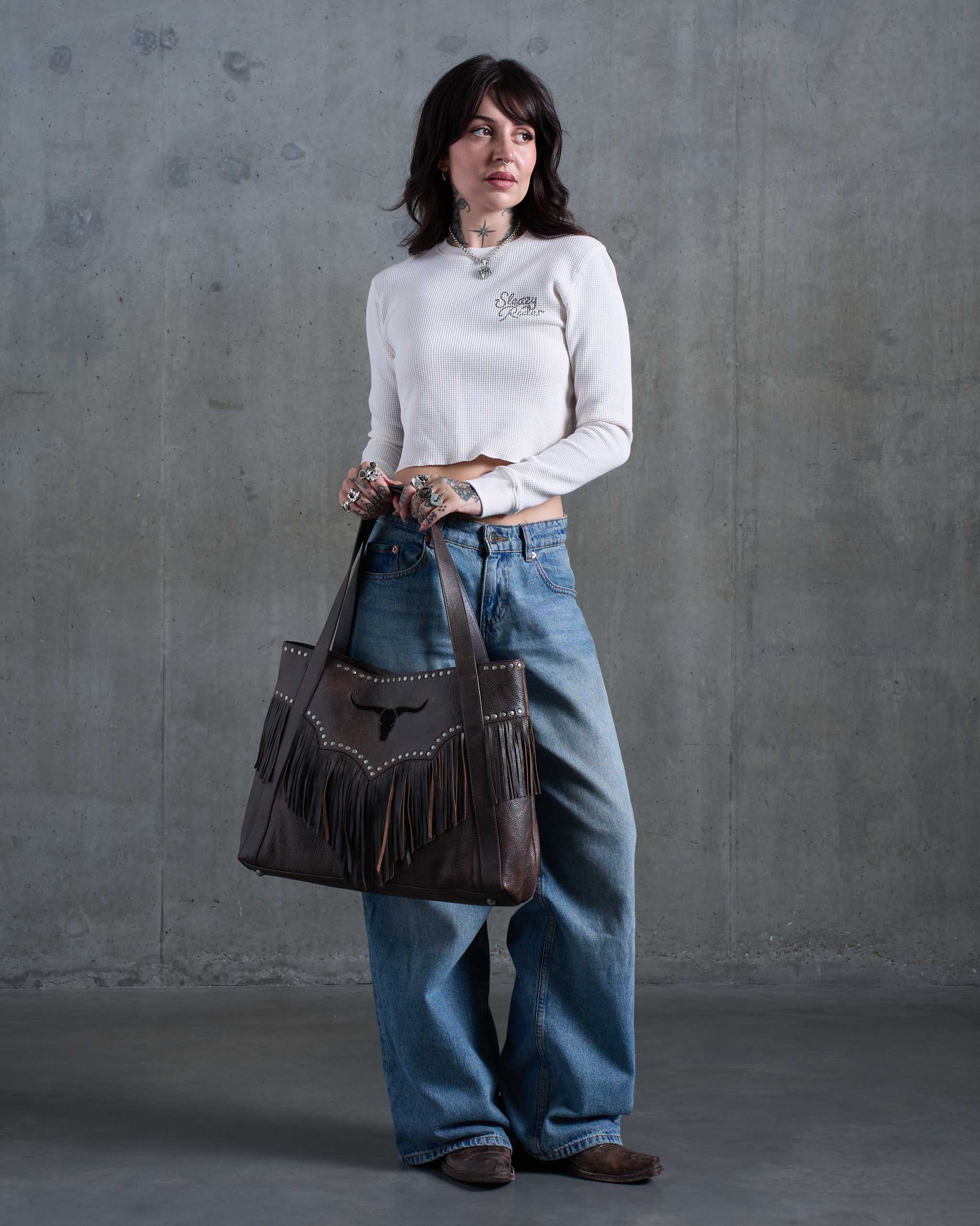 Longhorn Fringe Leather Bag - Distressed Brown