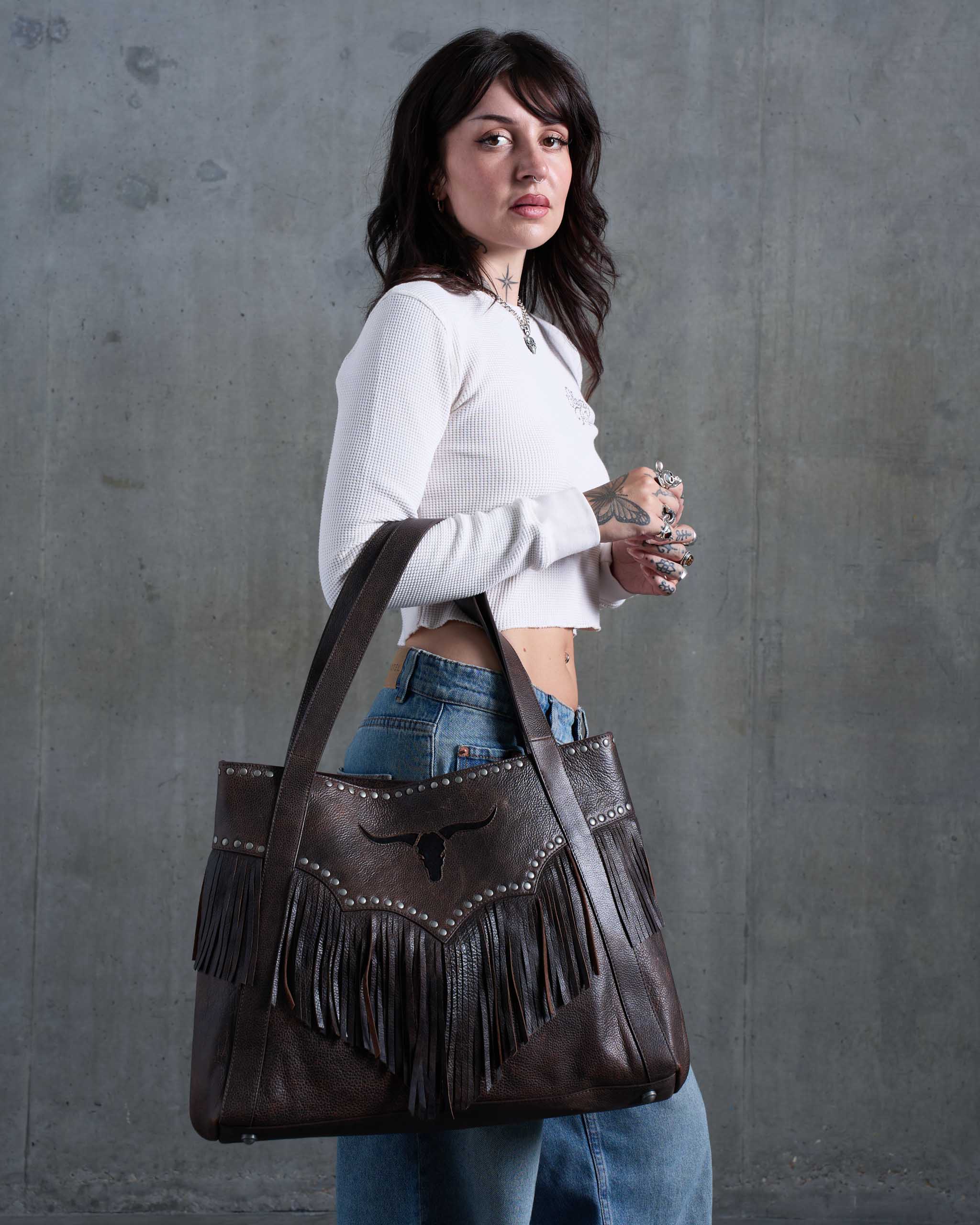 Longhorn Fringe Leather Bag - Distressed Brown