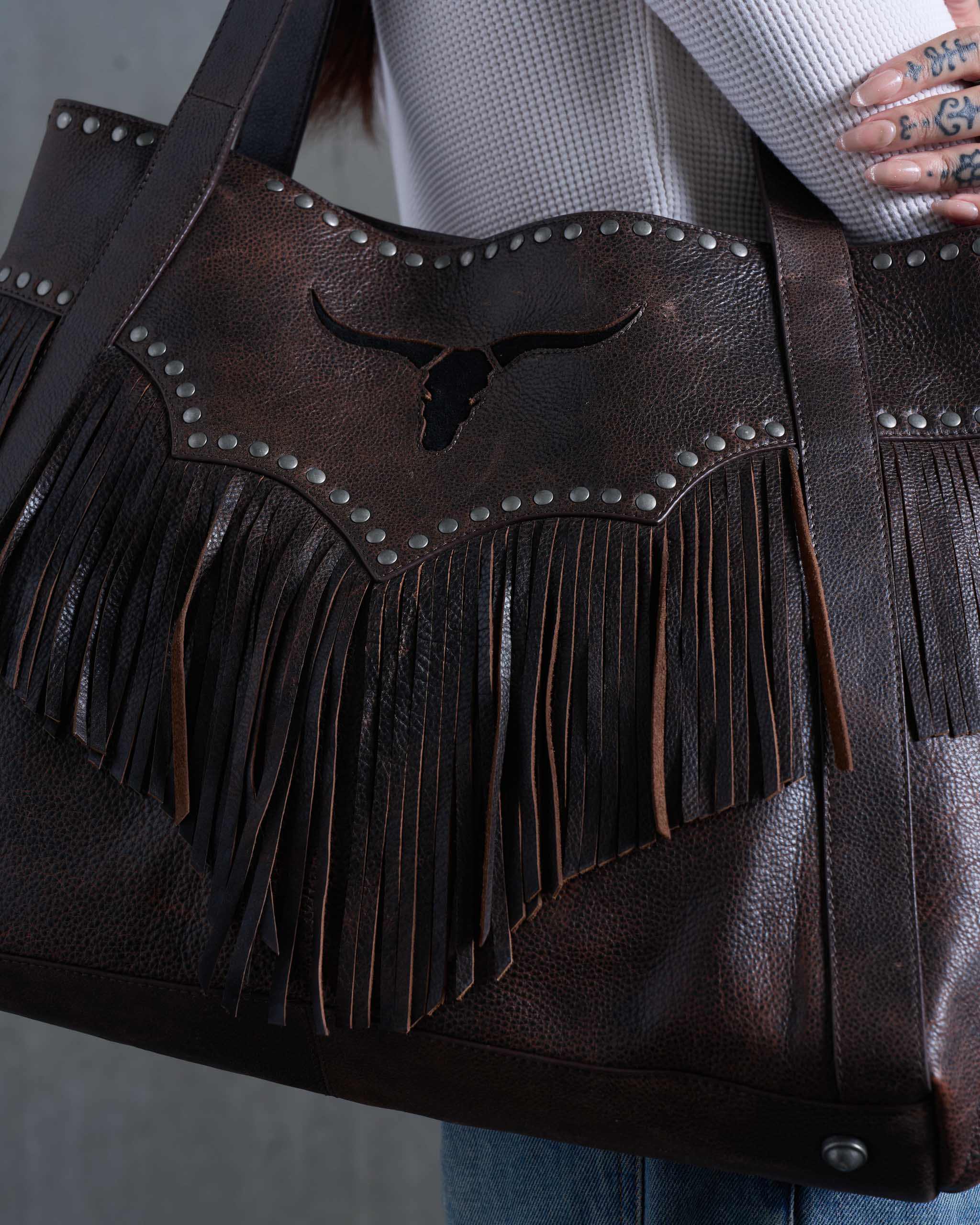 Longhorn Fringe Leather Bag - Distressed Brown