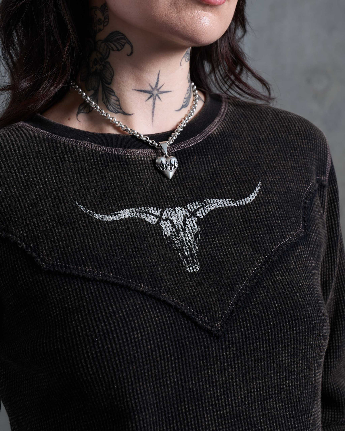 Longhorn Waffle Long Sleeve Top - Acid Wash
