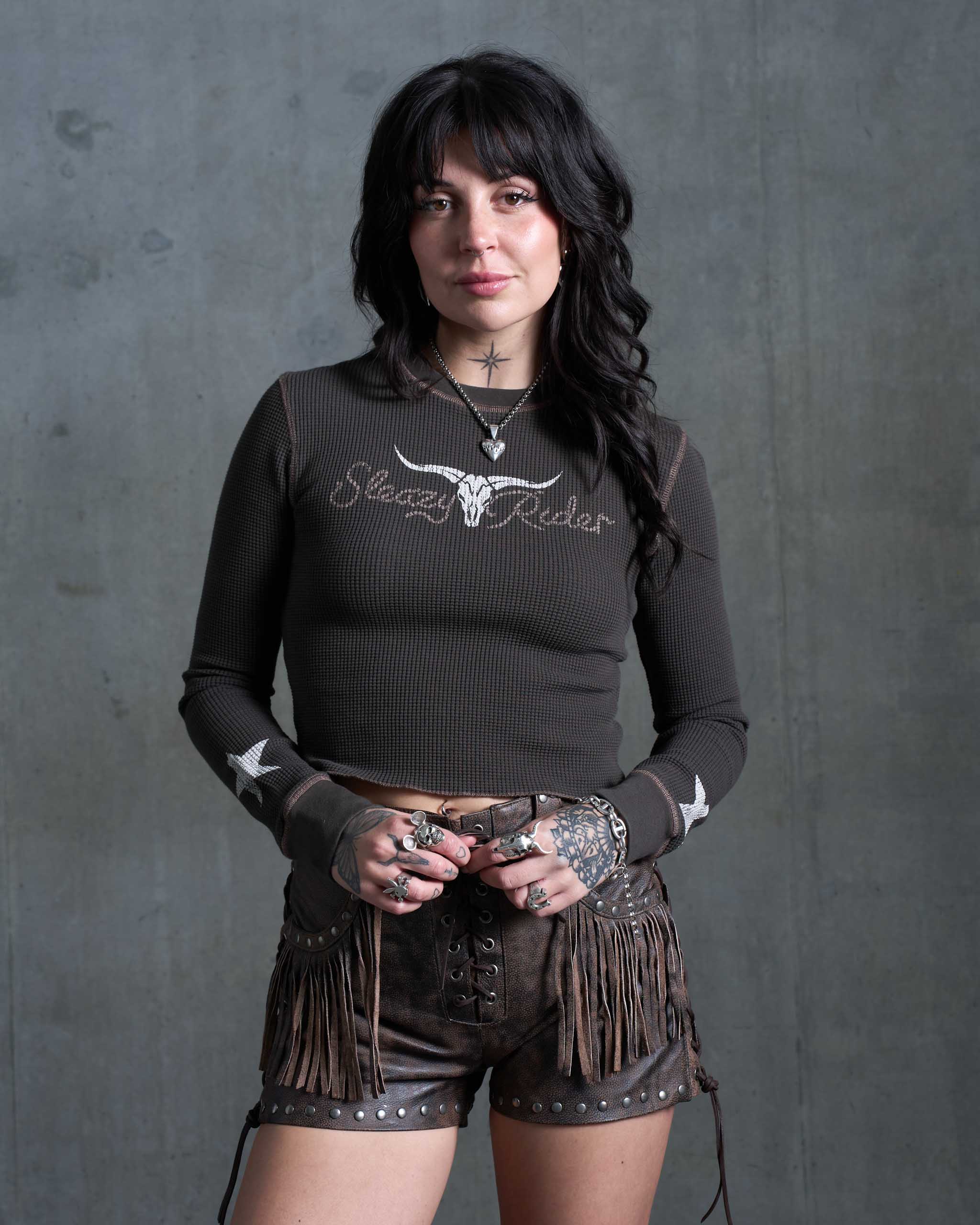 Longhorn Waffle Long Sleeve Top - Charcoal