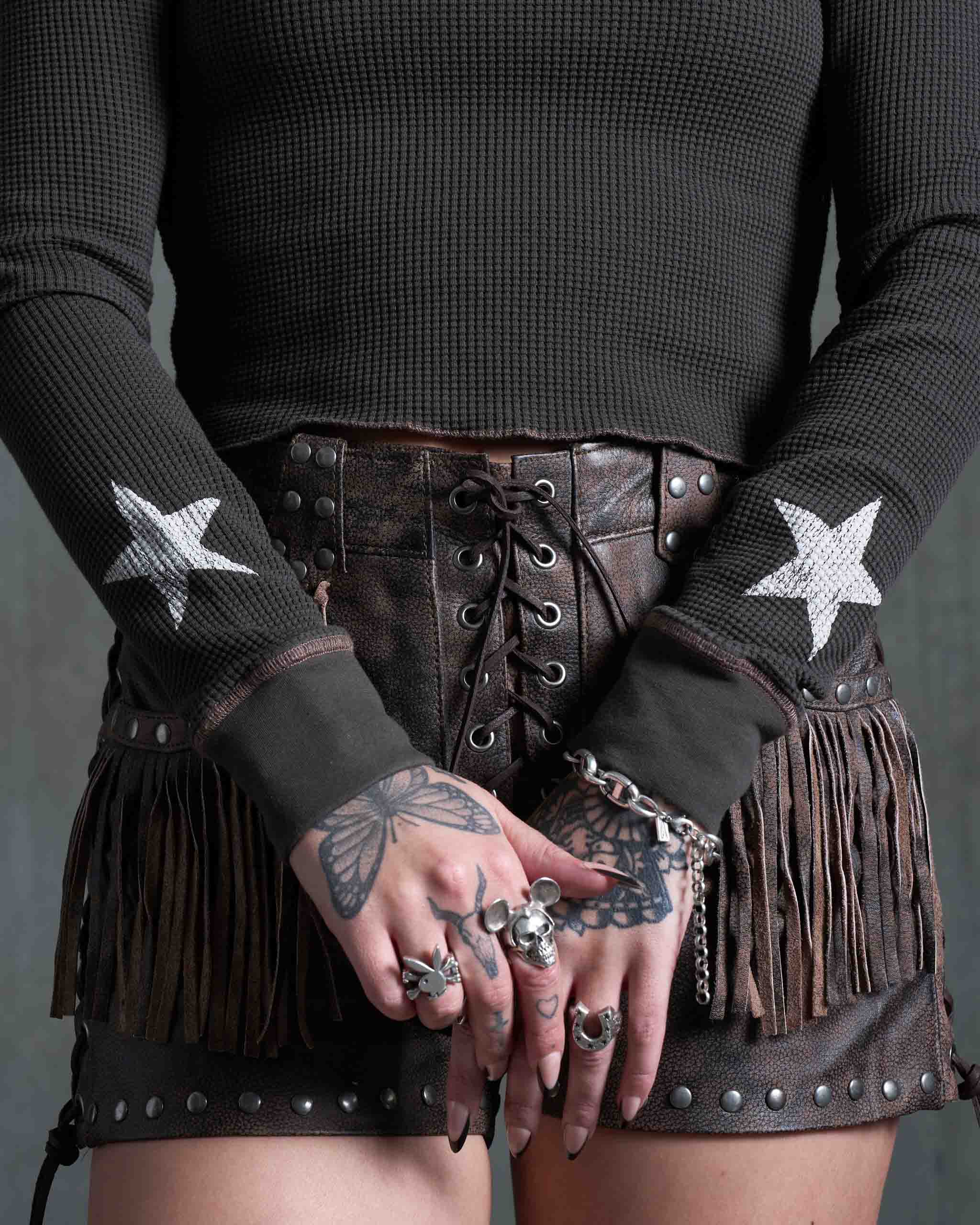 Longhorn Waffle Long Sleeve Top - Charcoal