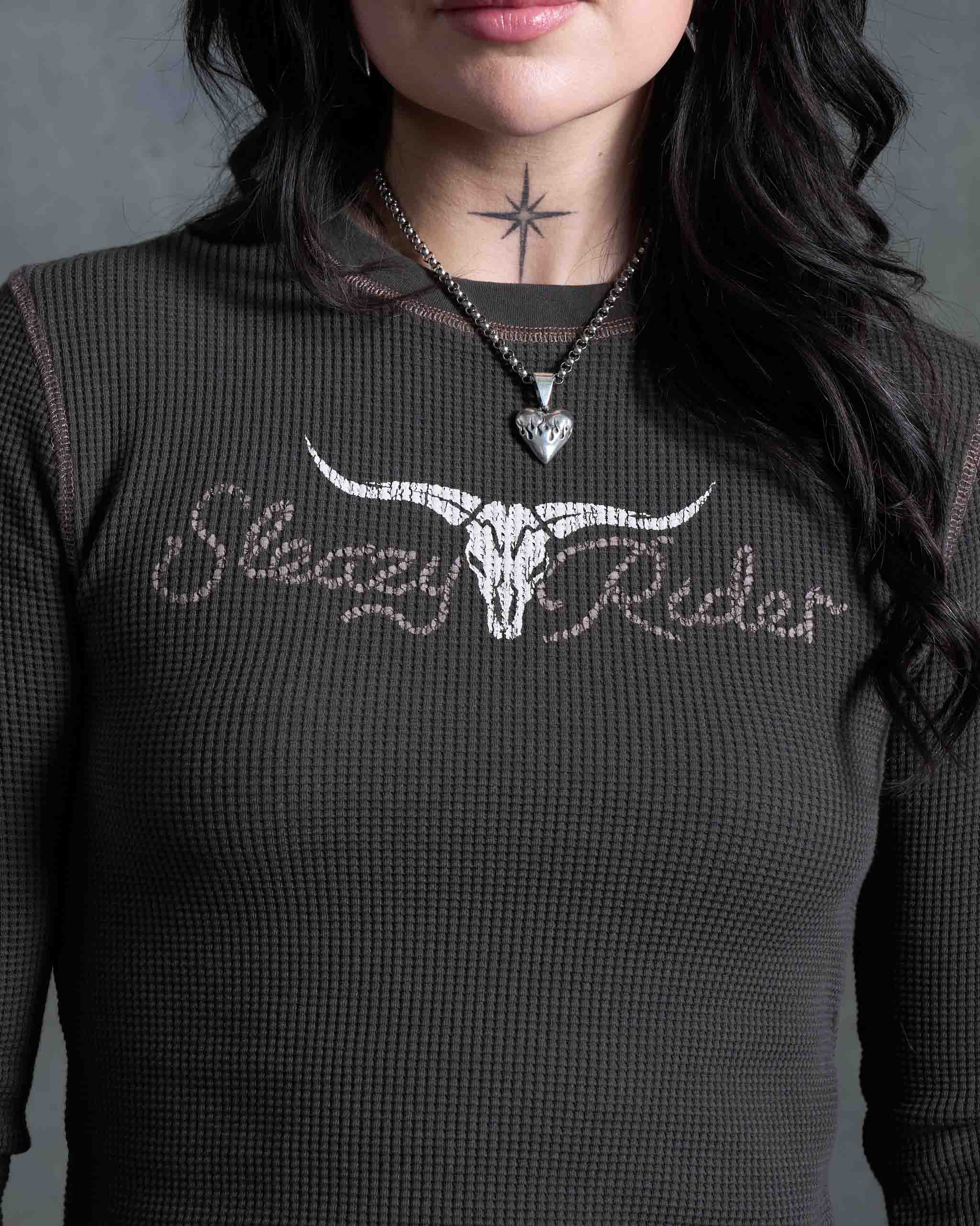 Longhorn Waffle Long Sleeve Top - Charcoal