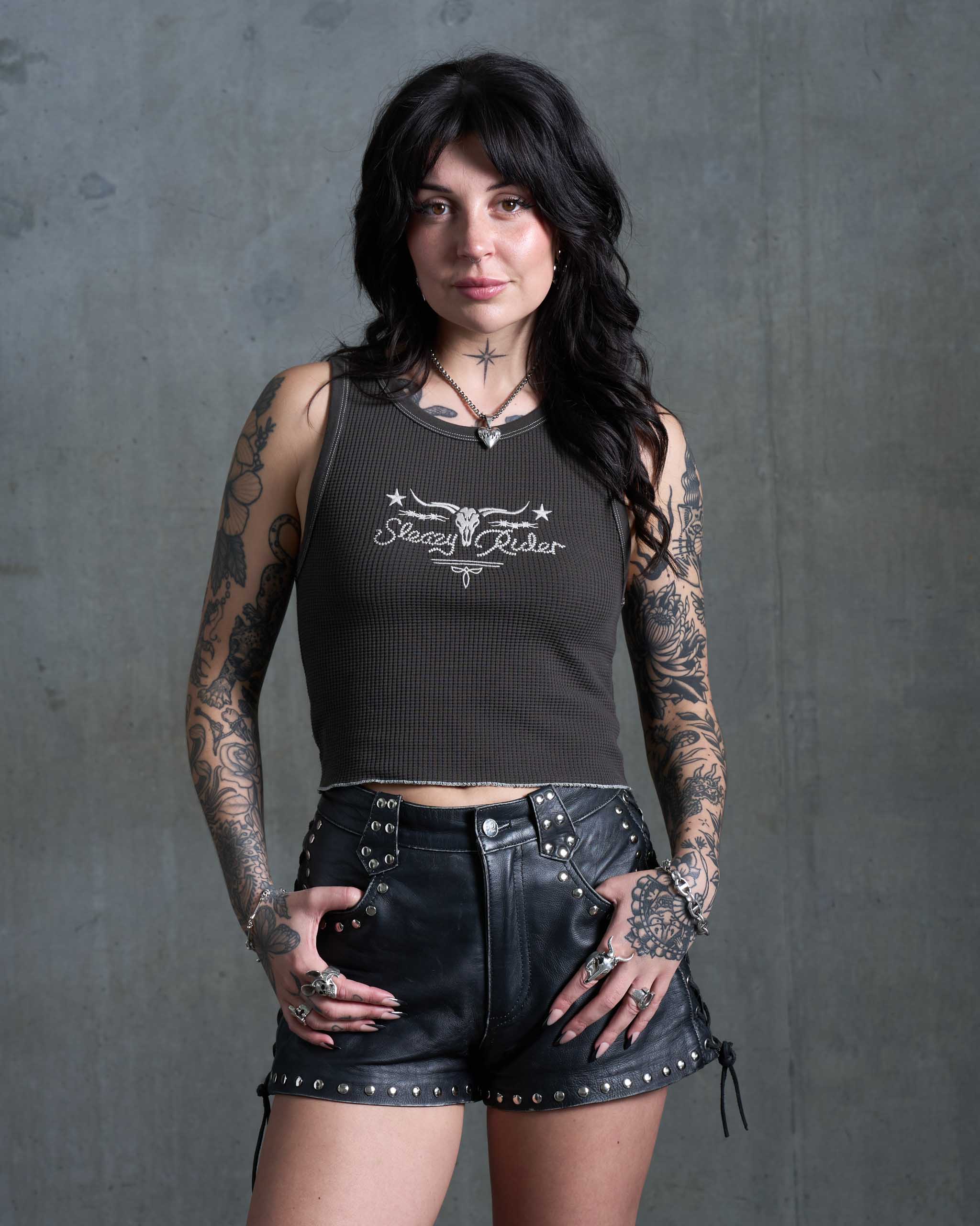 Longhorn Waffle Tank Top - Charcoal