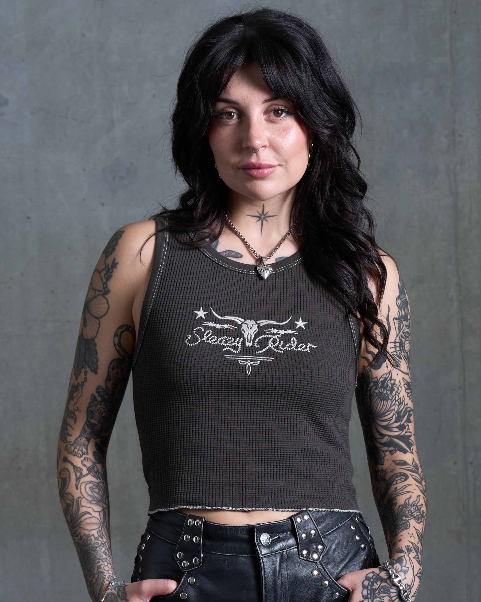 Longhorn Embroidered Waffle Tank Top - Charcoal