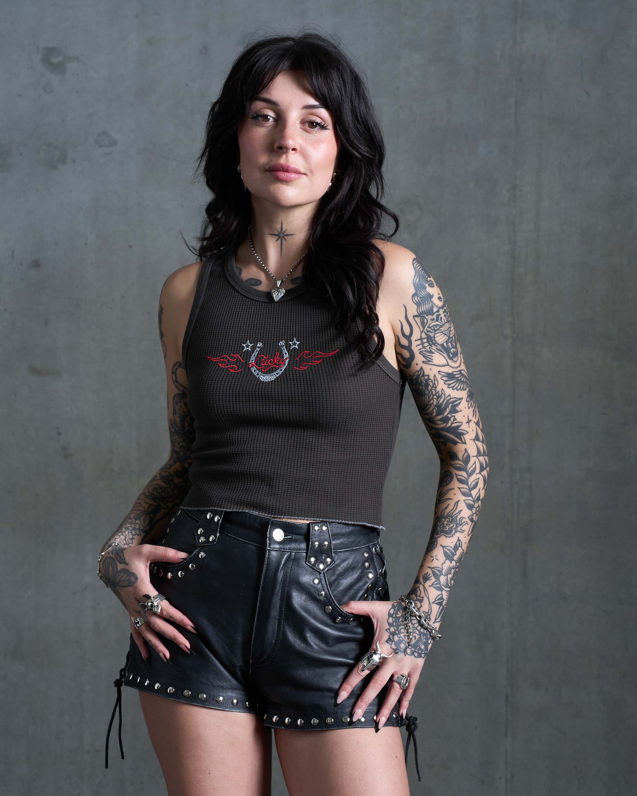 Lucky Horseshoe Waffle Tank Top - Charcoal