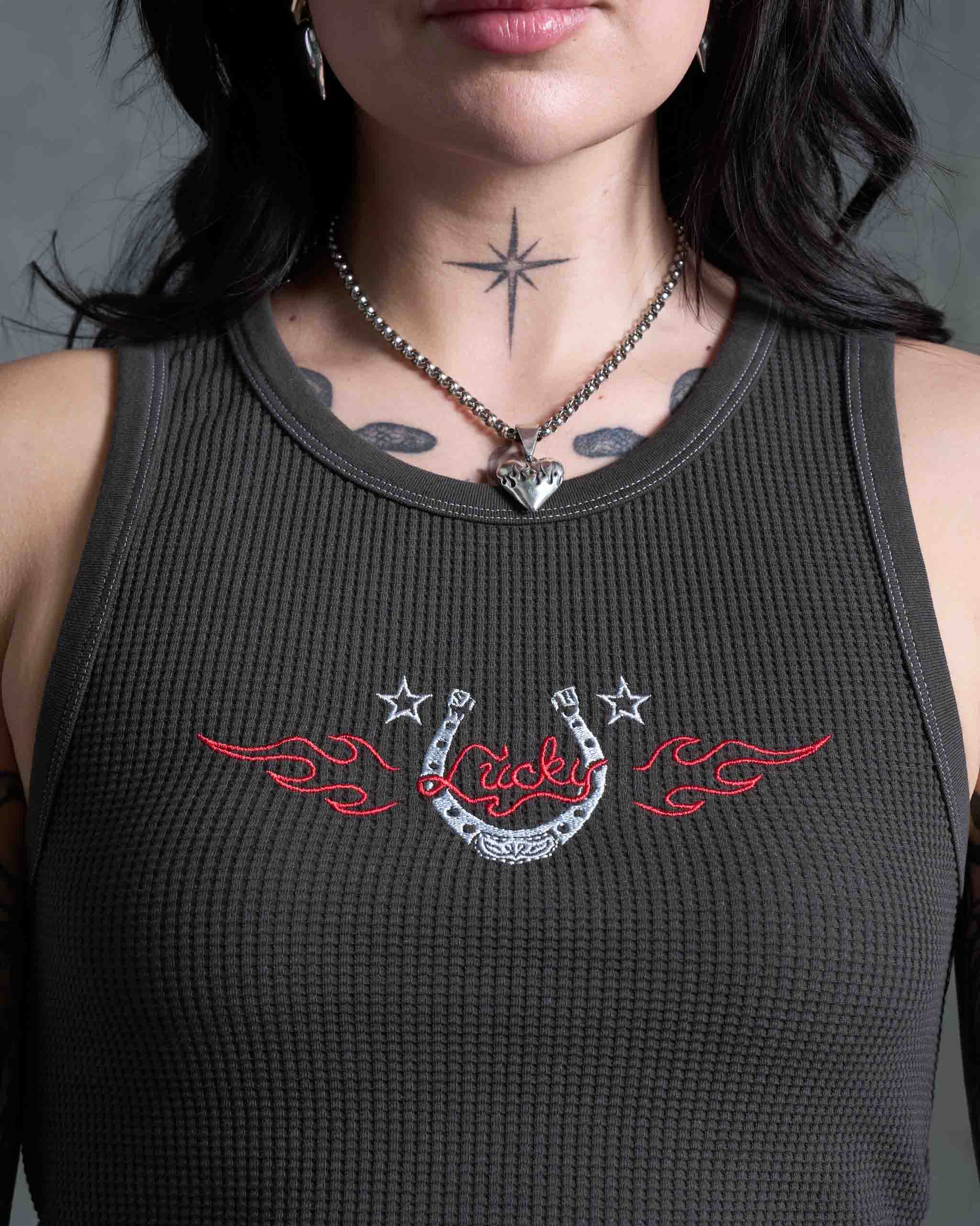 Lucky Horseshoe Waffle Tank Top - Charcoal