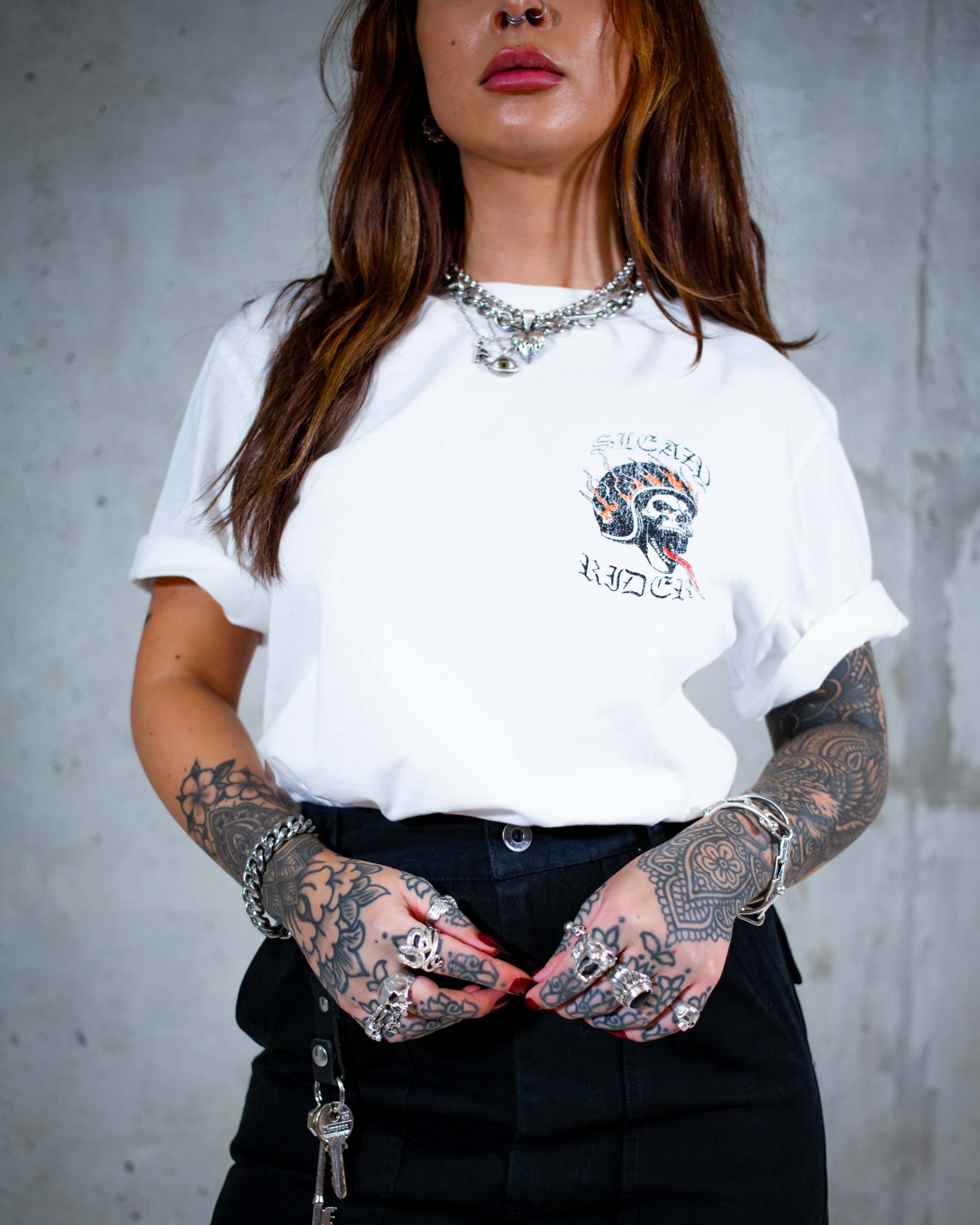 The Ride On biker t-shirt by Sleazy Rider. Featuring a distressed flaming skull print.
