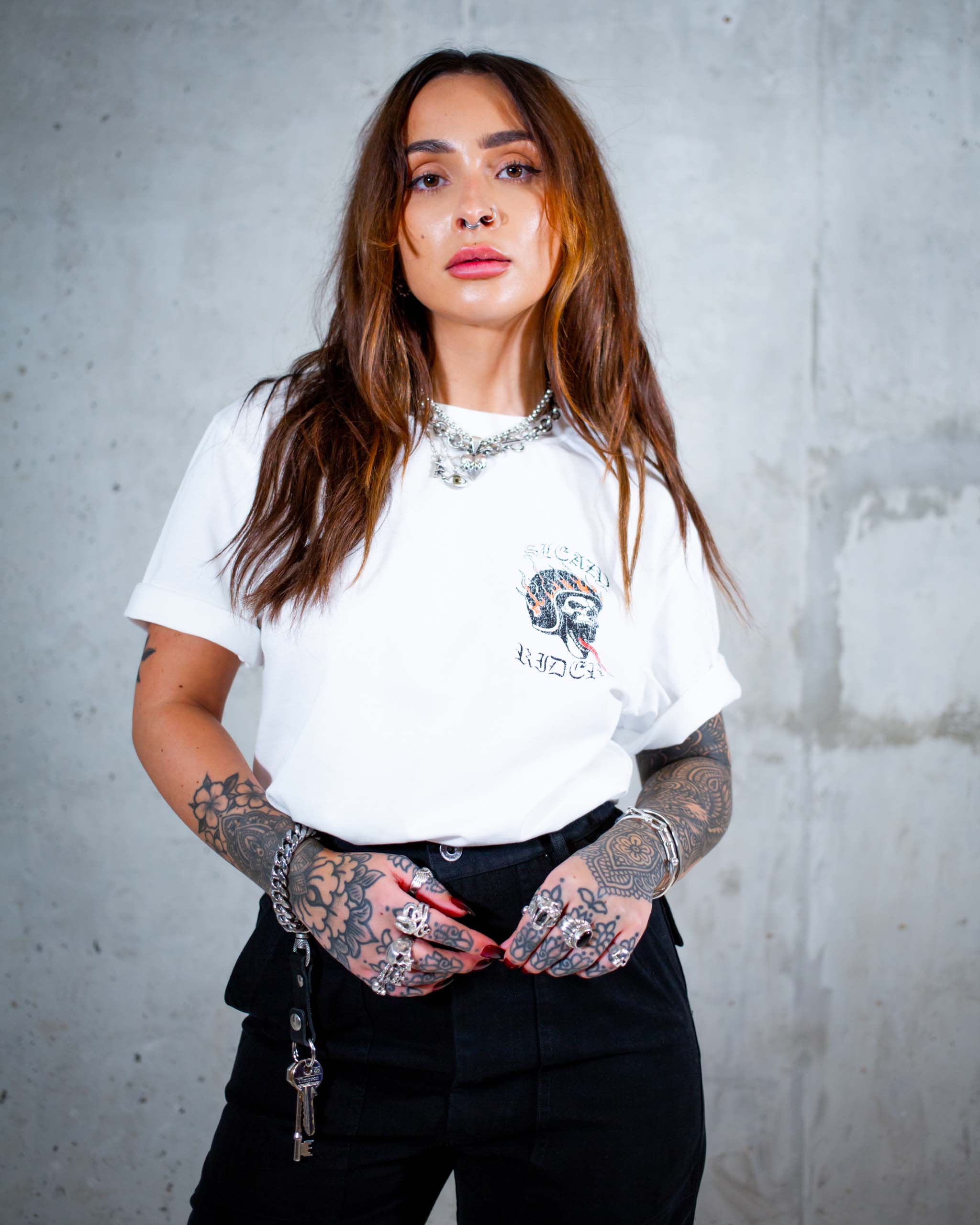 The Ride On biker t-shirt by Sleazy Rider. Featuring a distressed flaming skull print.